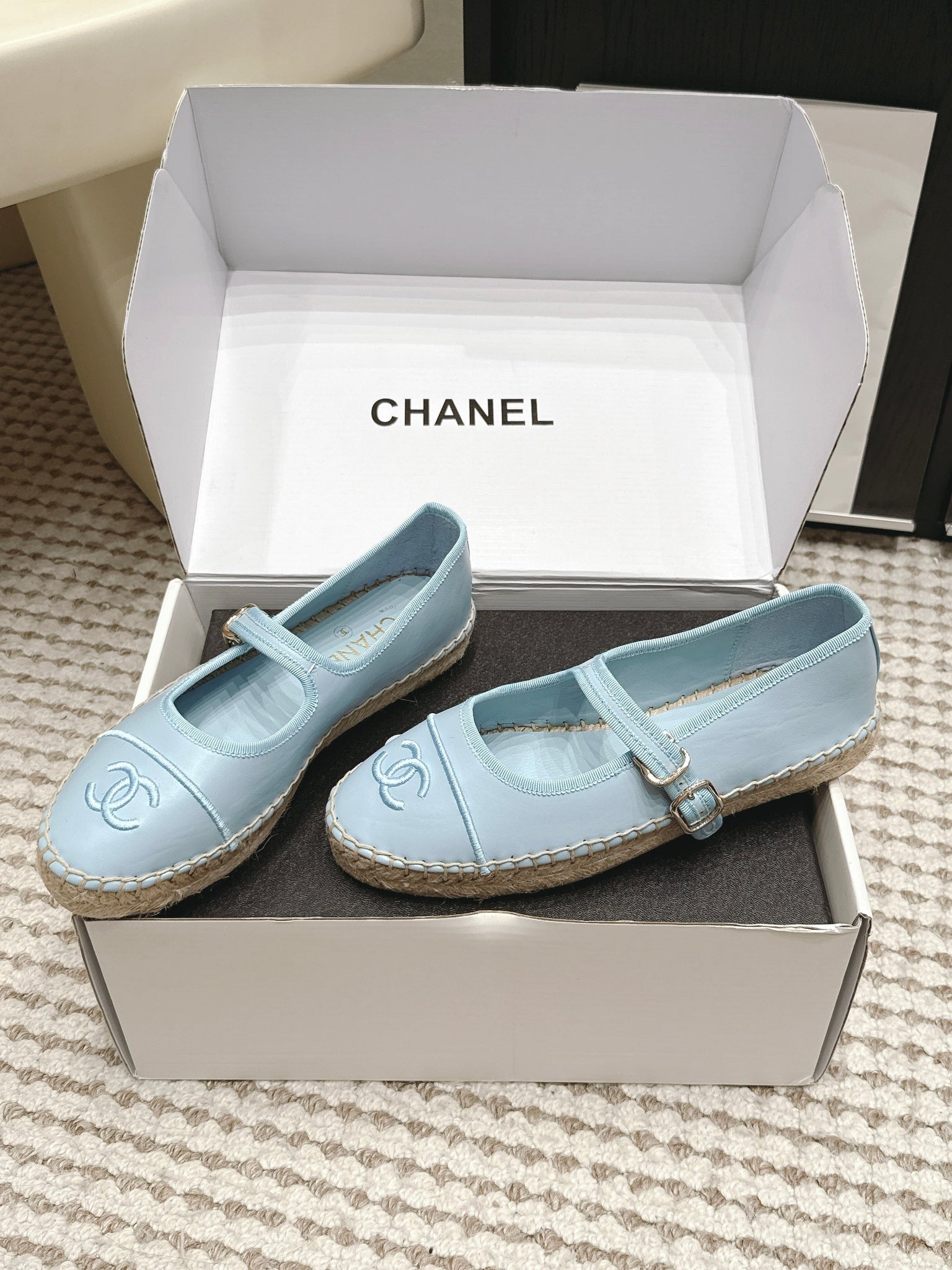 Chanel 26S Mary Jane Flats In Light Blue Lambskin Espadrille Sole