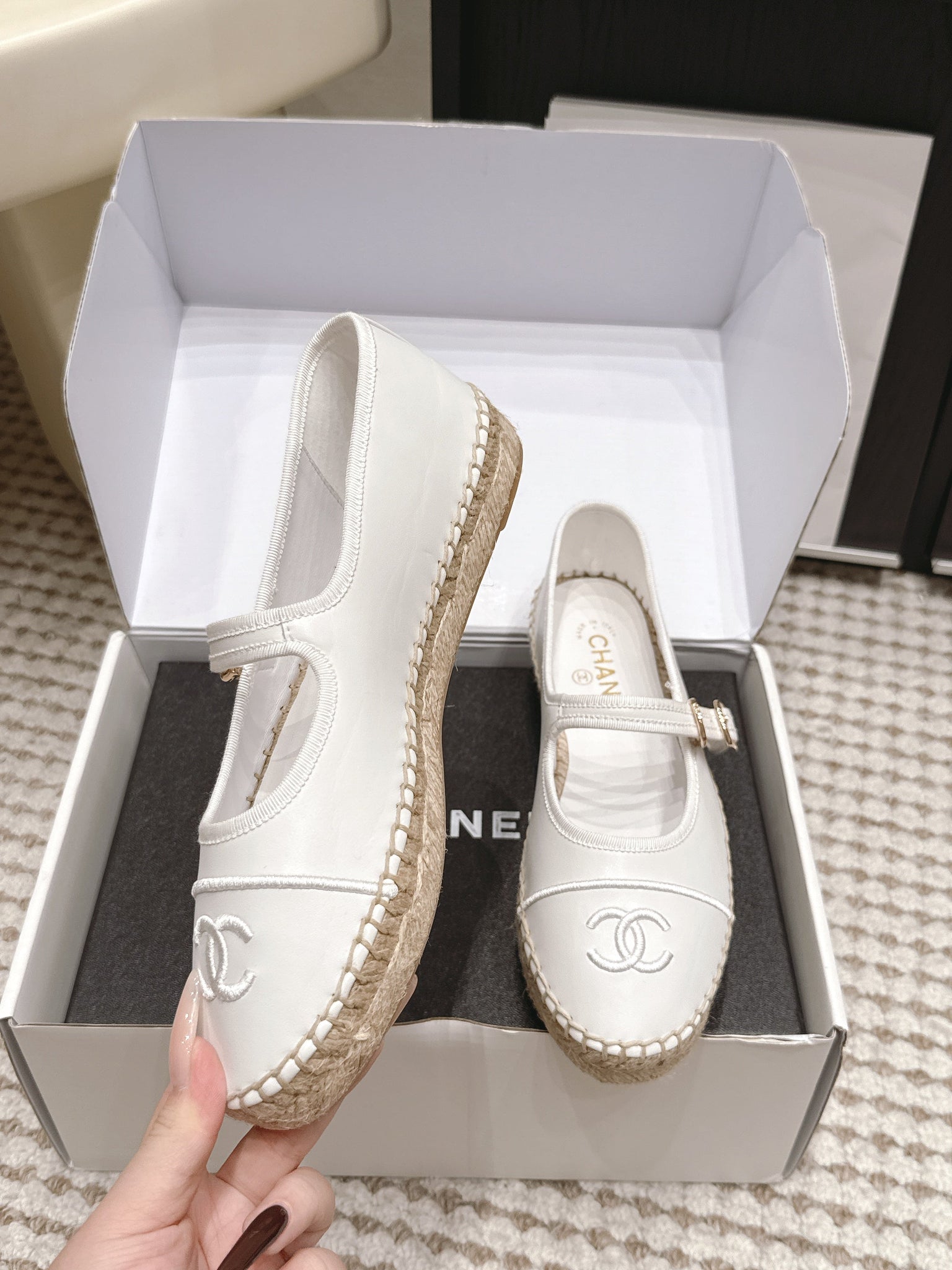 Chanel 26S Mary Jane Flats In White Lambskin Espadrille Sole