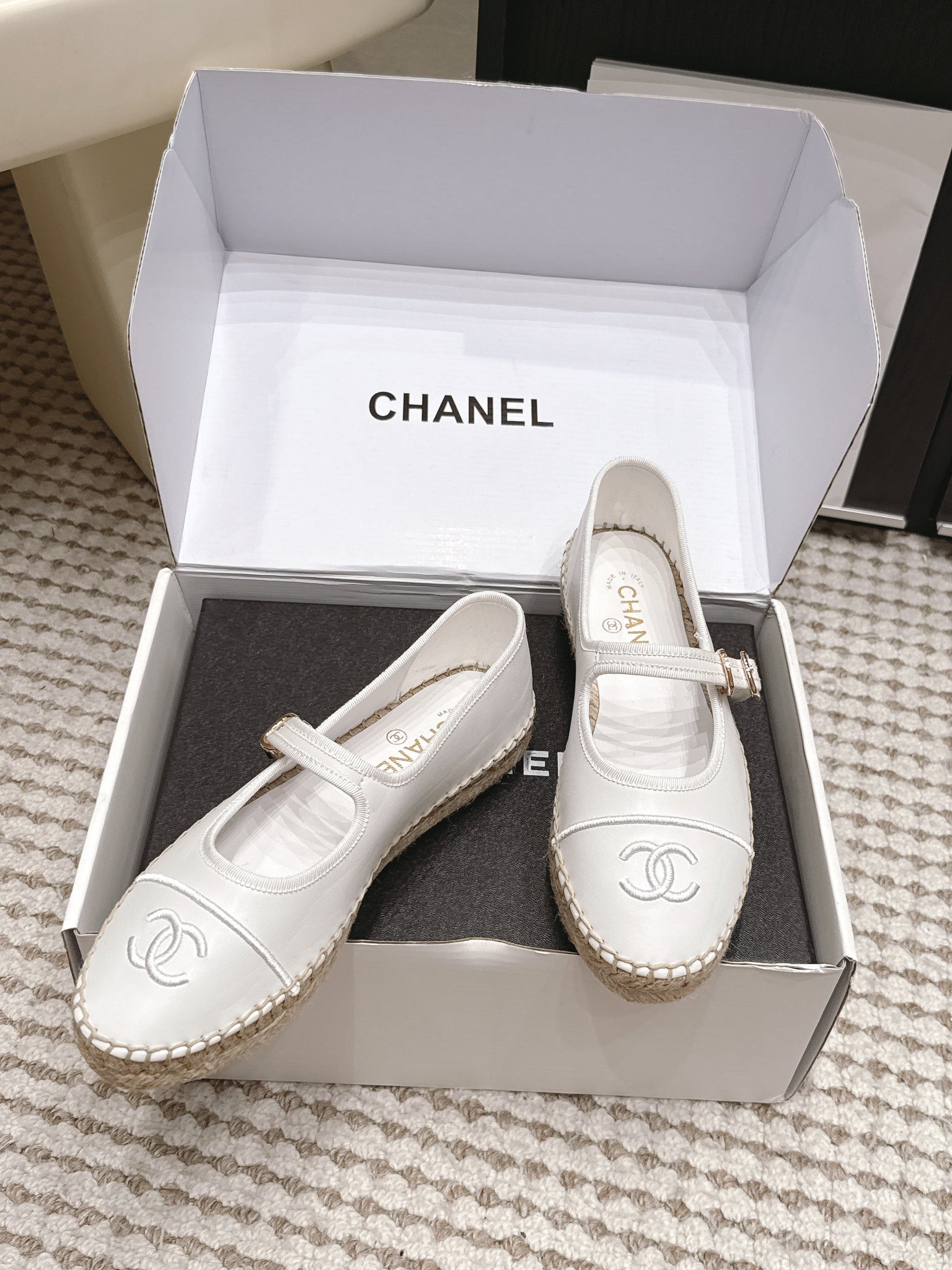 Chanel 26S Mary Jane Flats In White Lambskin Espadrille Sole
