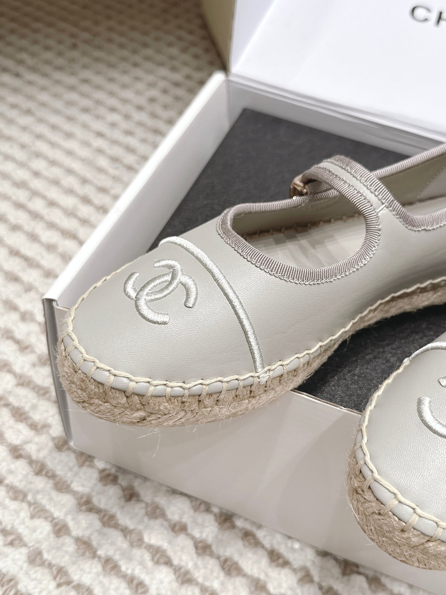 Chanel 26S Mary Jane Flats In Grey Lambskin Espadrille Sole