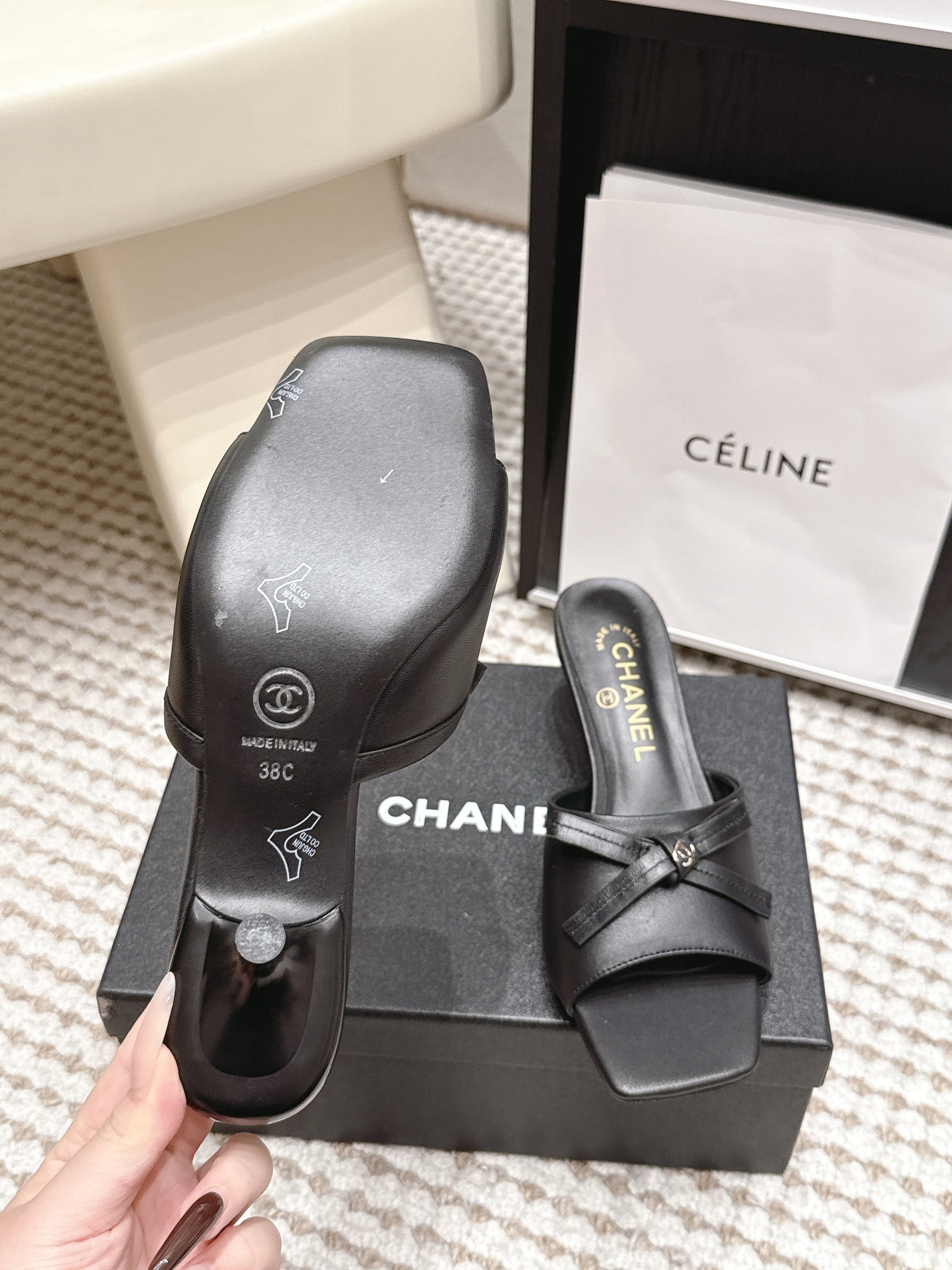 CC 26S Square Toe High Heel Sandals Black Calfskin