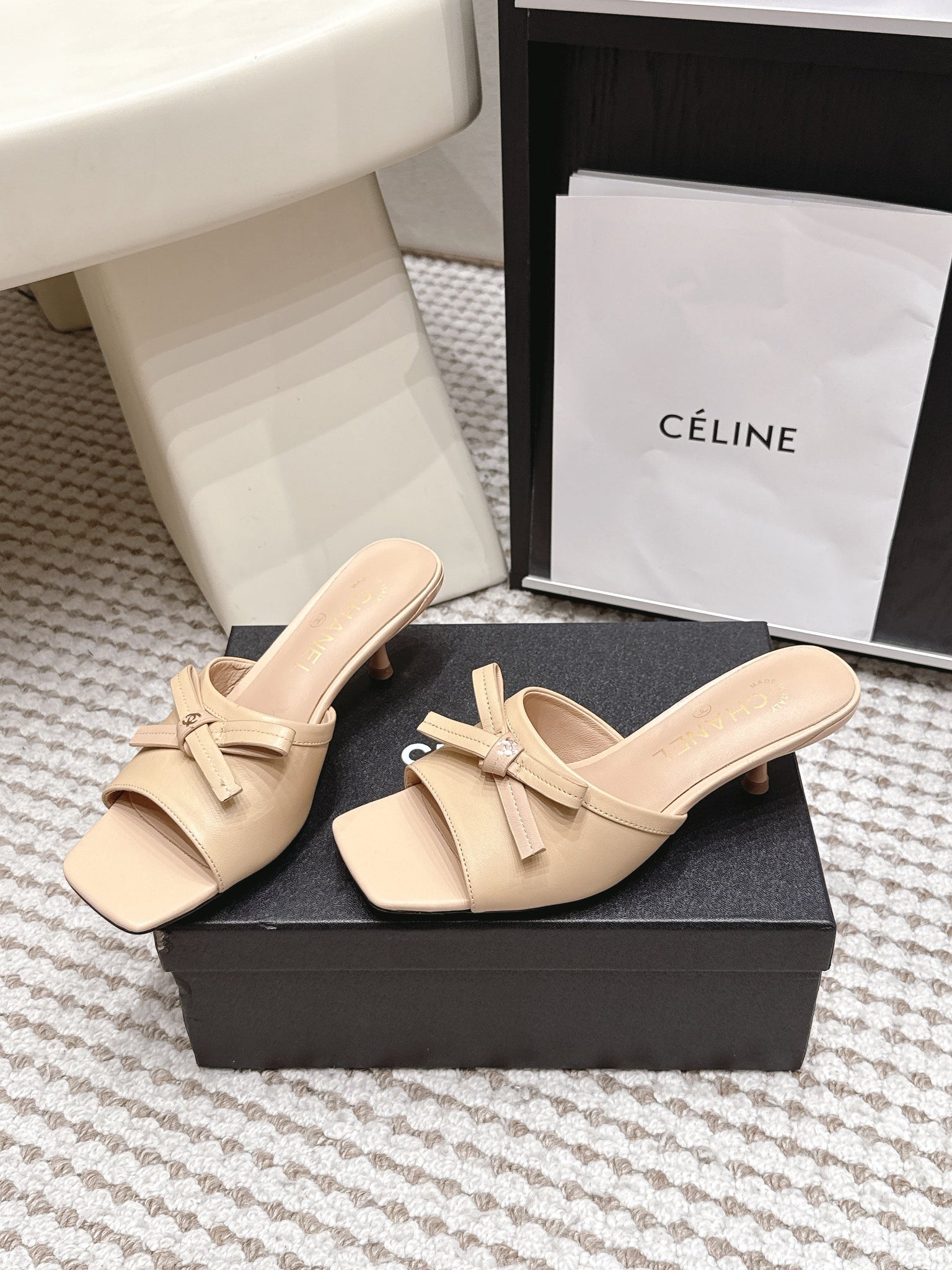 CC 26S Square Toe High Heel Sandals Beige Calfskin