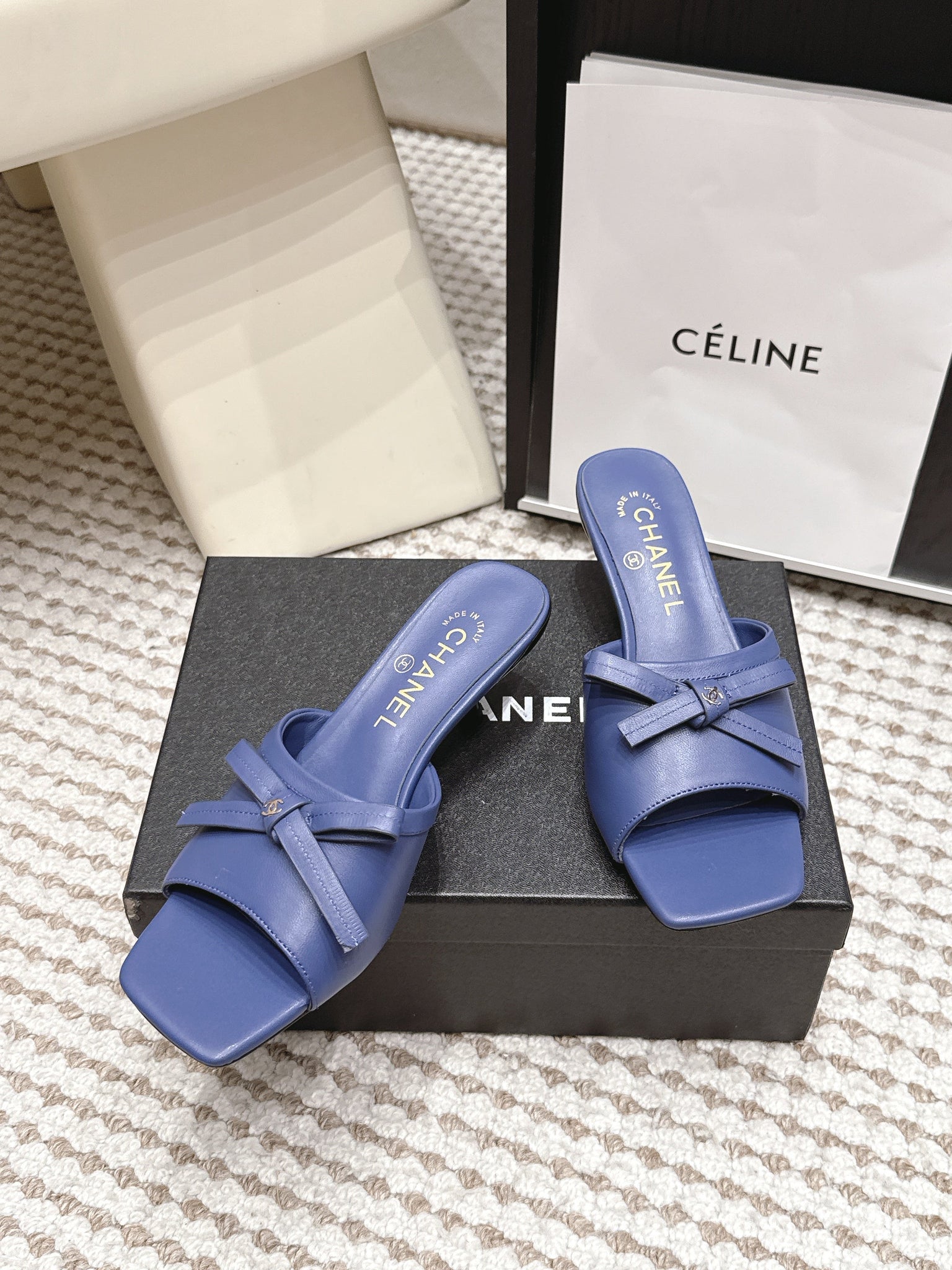 CC 26S Square Toe High Heel Sandals Dark Blue Calfskin