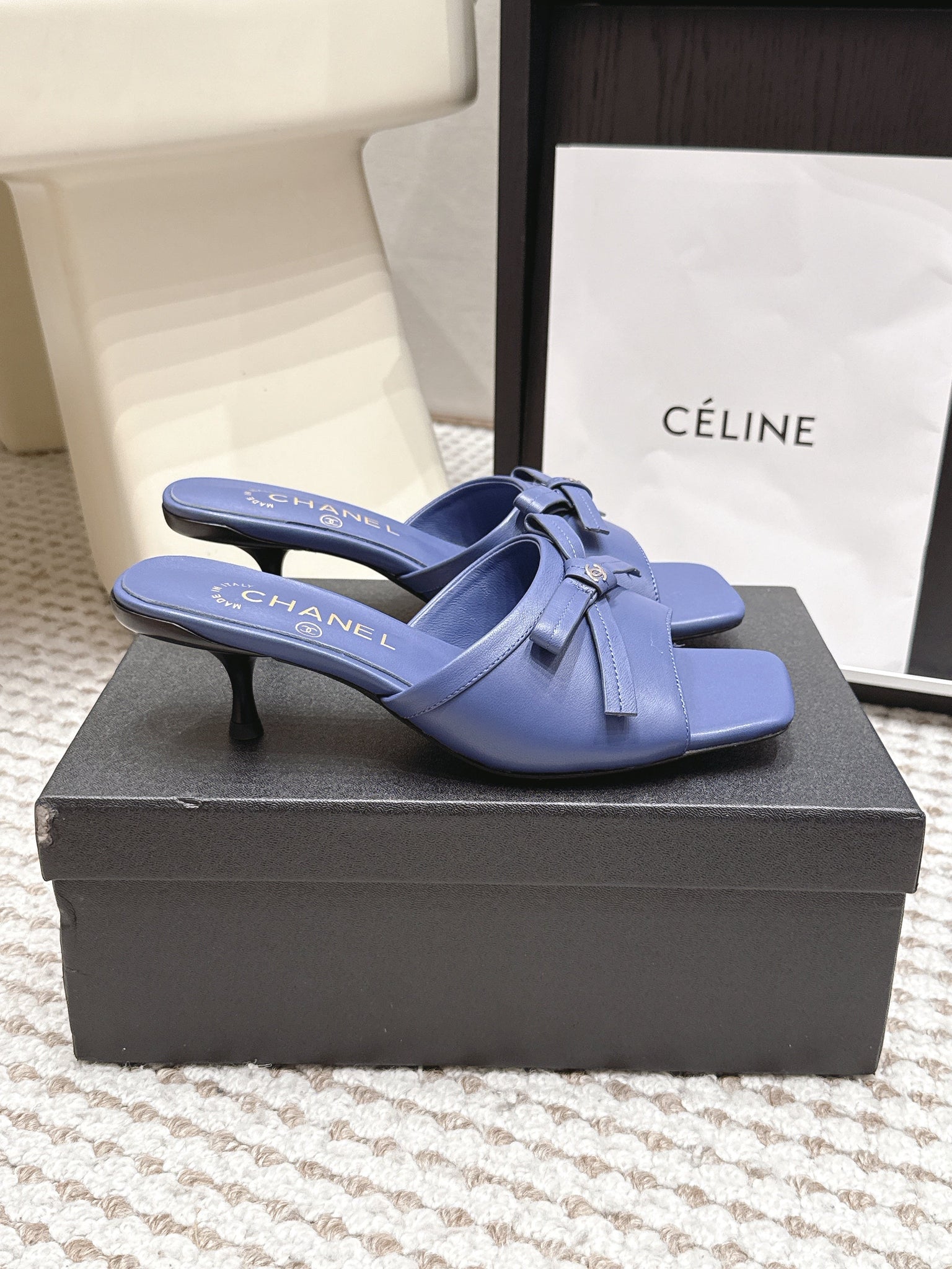 CC 26S Square Toe High Heel Sandals Dark Blue Calfskin