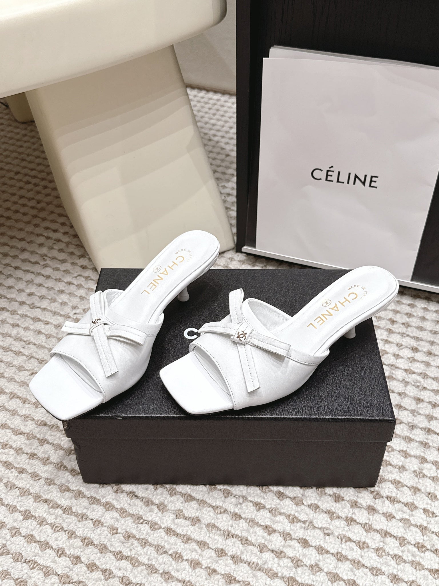 CC 26S Square Toe High Heel Sandals White Calfskin