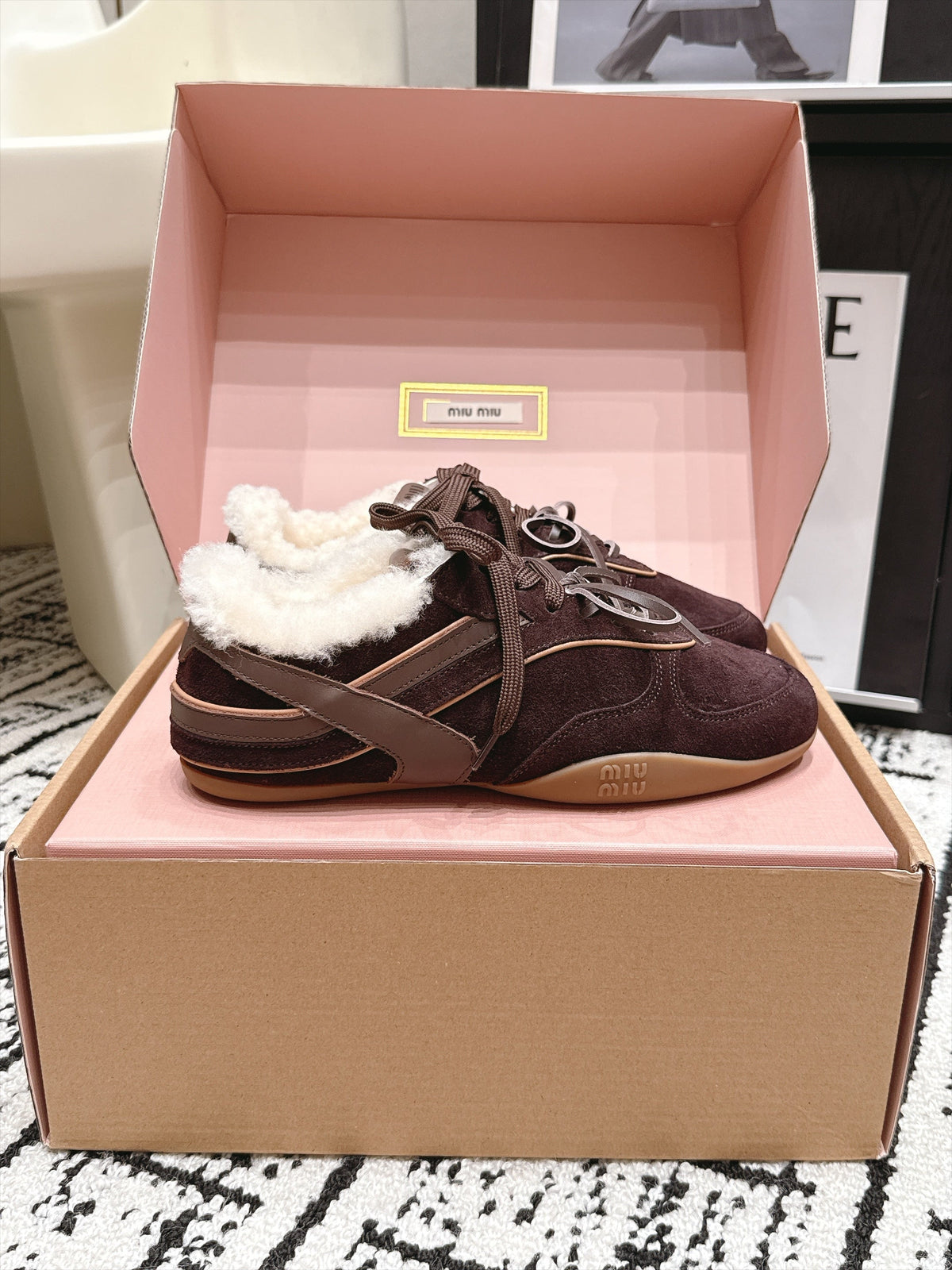 Miu Miu 26s Shearling Sneakers Brown Suede 138331