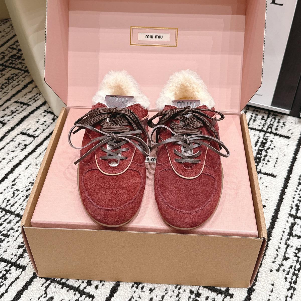 Miu Miu 26s Shearling Sneakers Burgundy Suede 138332