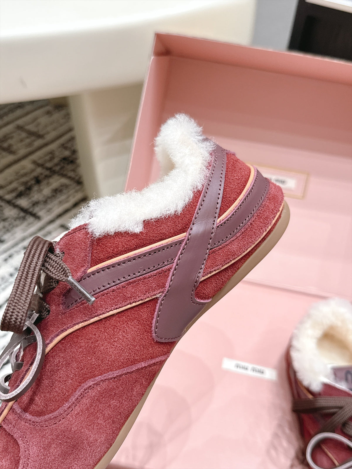 Miu Miu 26s Shearling Sneakers Burgundy Suede 138332