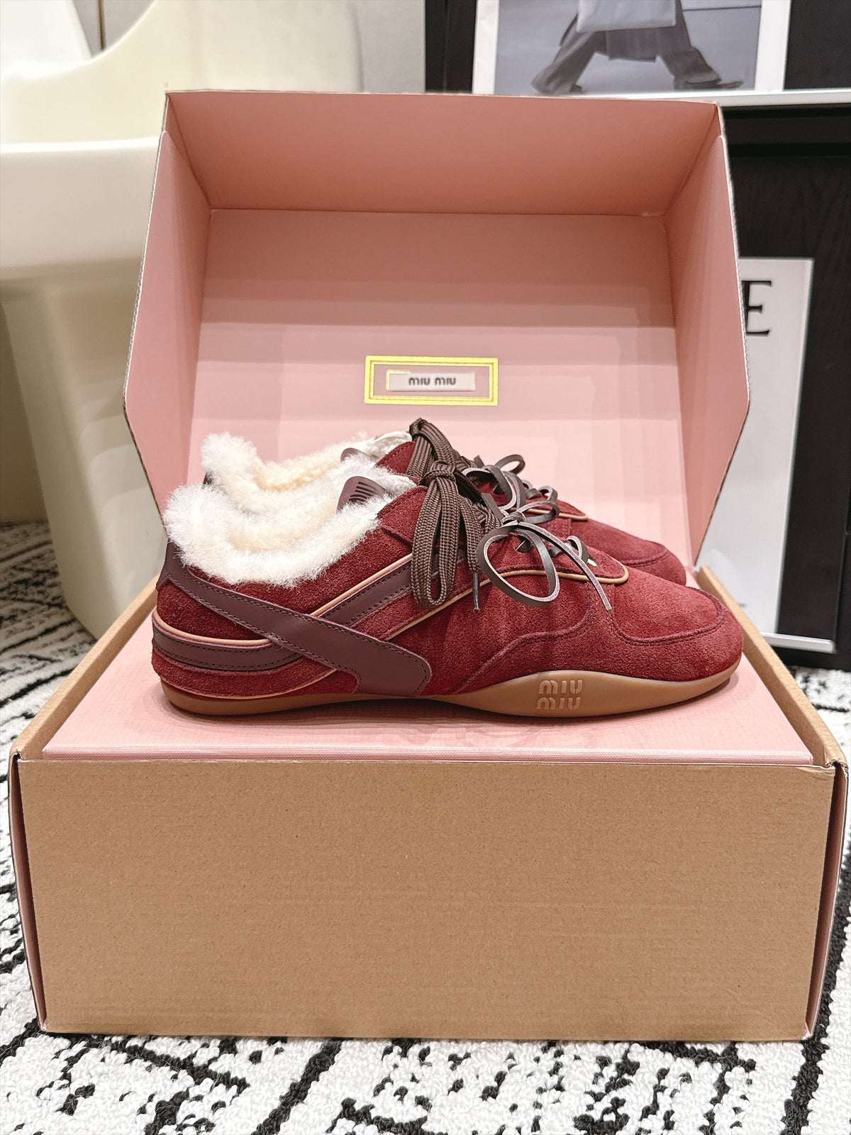 Miu Miu 26s Shearling Sneakers Burgundy Suede 138332