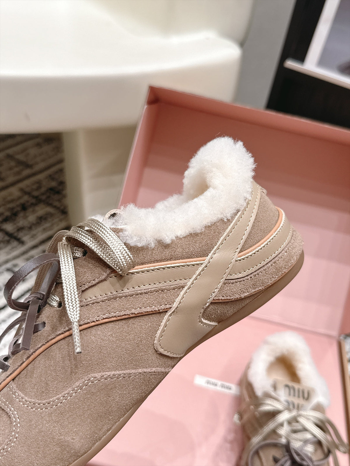 Miu Miu 26s Shearling Sneakers Khaki Suede 138333