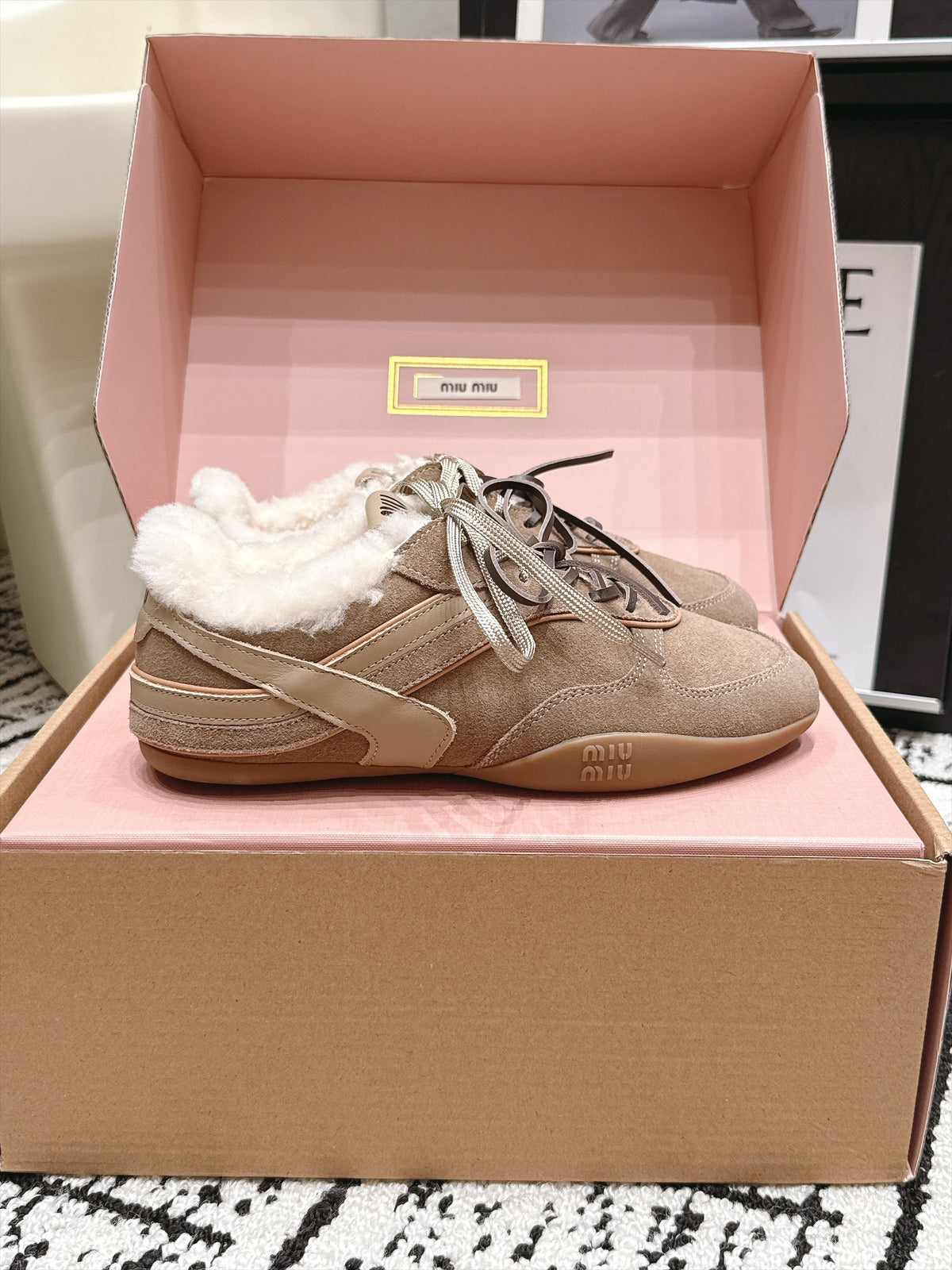 Miu Miu 26s Shearling Sneakers Khaki Suede 138333