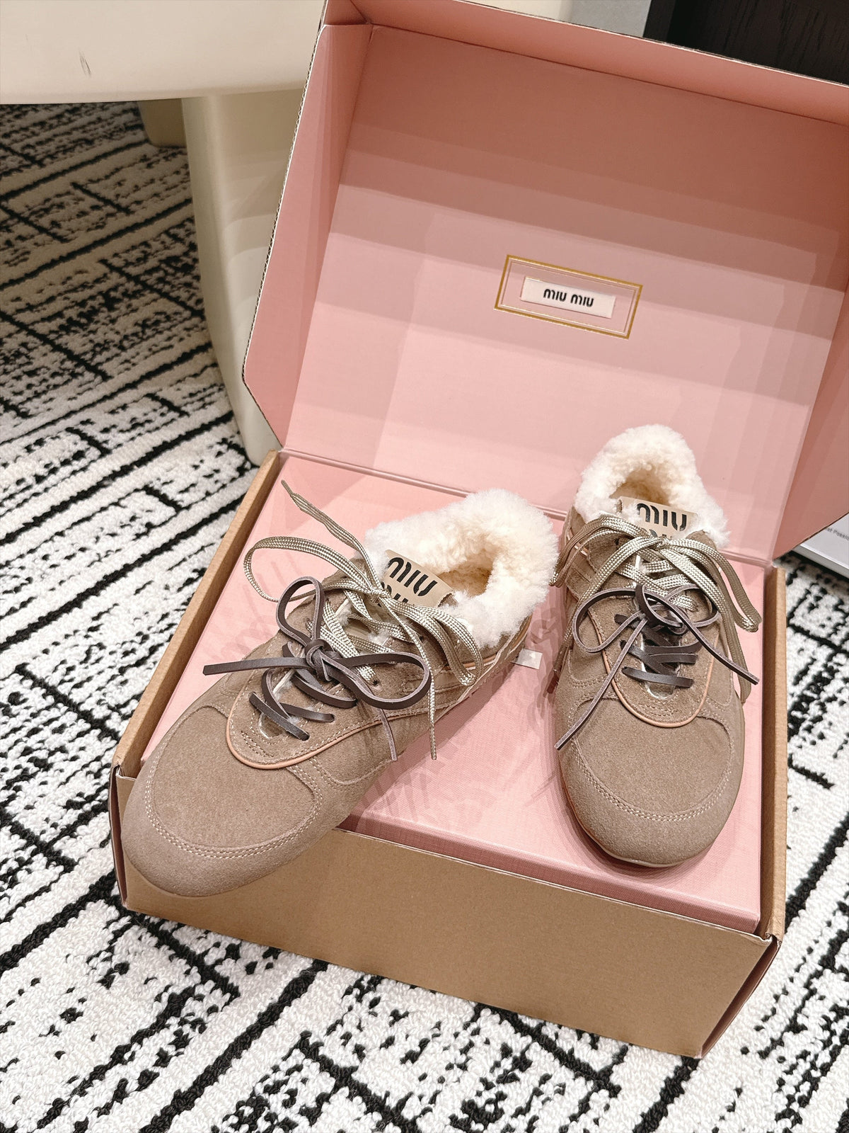 Miu Miu 26s Shearling Sneakers Khaki Suede 138333