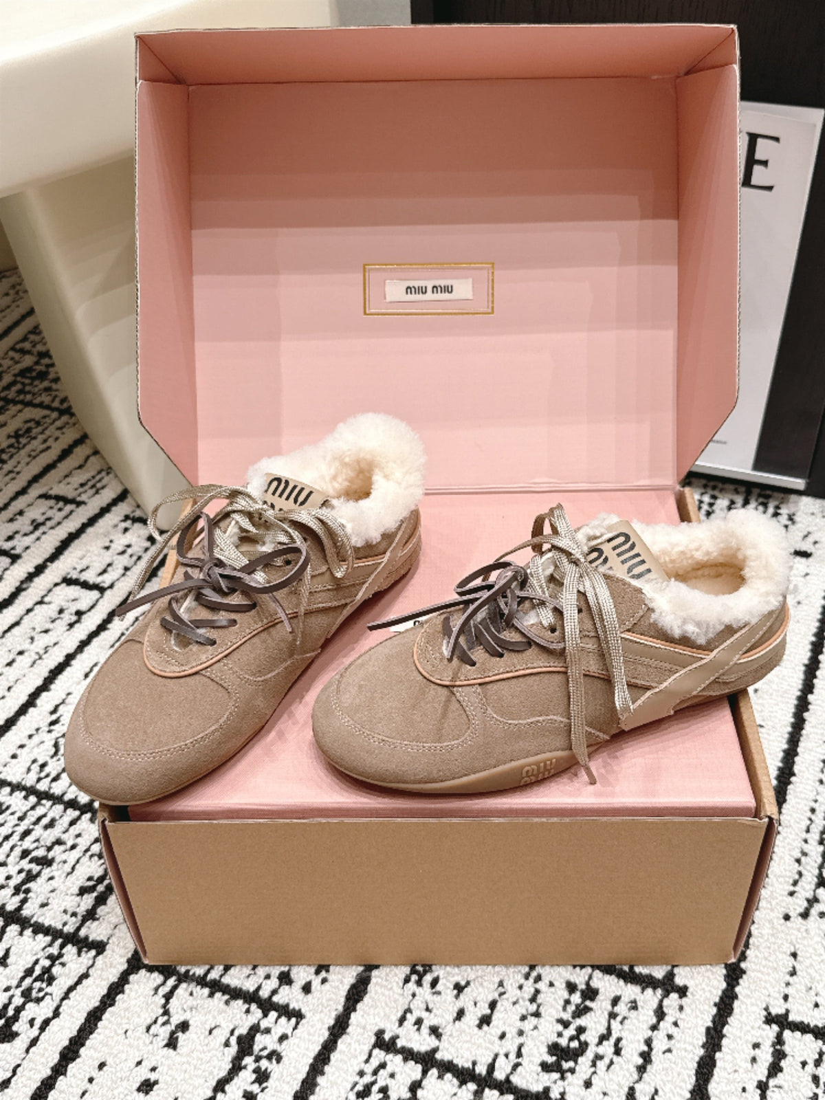 Miu Miu 26s Shearling Sneakers Khaki Suede 138333