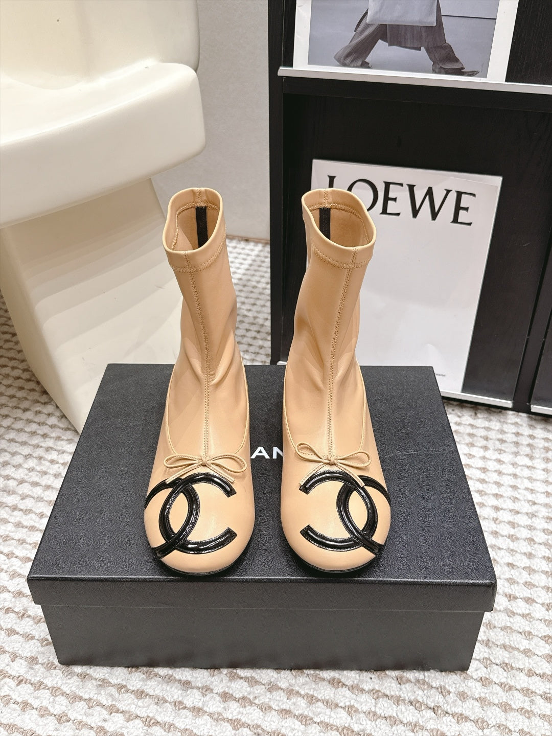 CC 26s Cambon Cap Toe Mid Calf Boots Beige Leather 166354