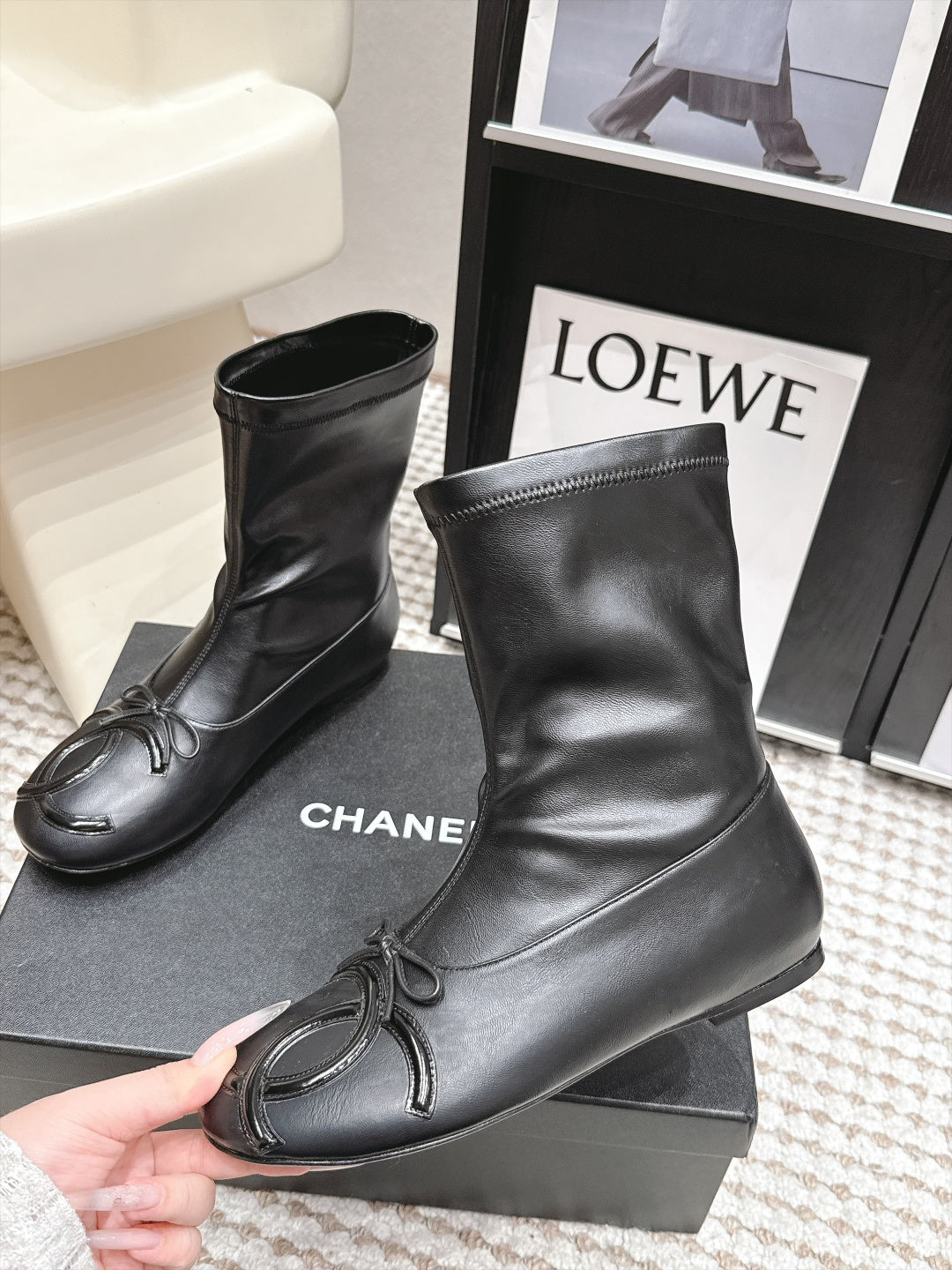 CC 26s Cambon Cap Toe Mid Calf Boots Black Leather 166357