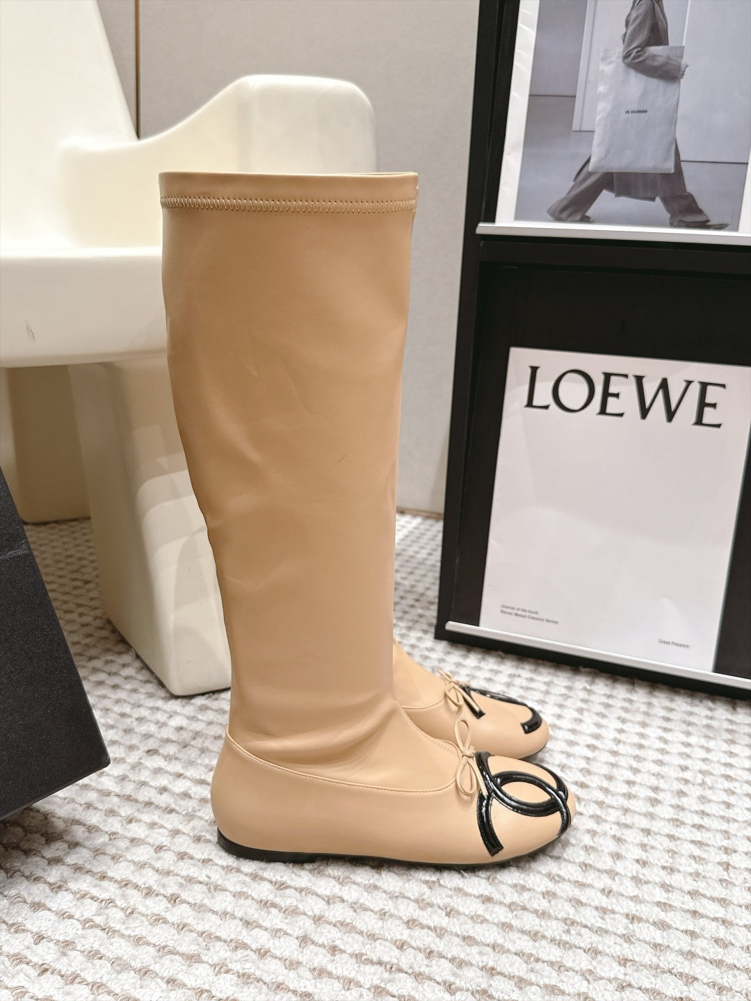 CC 26s Cambon Cap Toe Knee High Boots Beige Leather 166358