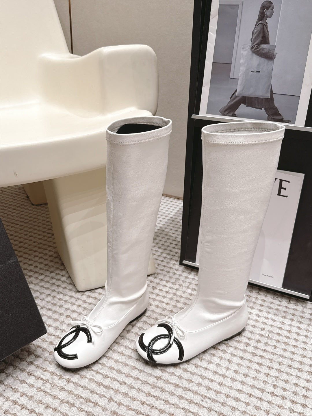 CC 26s Cambon Cap Toe Knee High Boots White Leather 167018