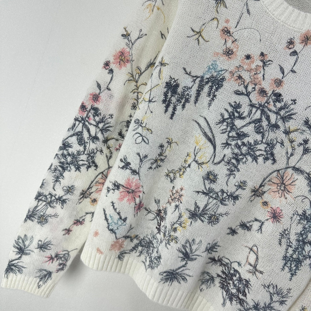 CD 26s Knit Long-Sleeve Sweater Cream Floral Pattern Cotton 348987