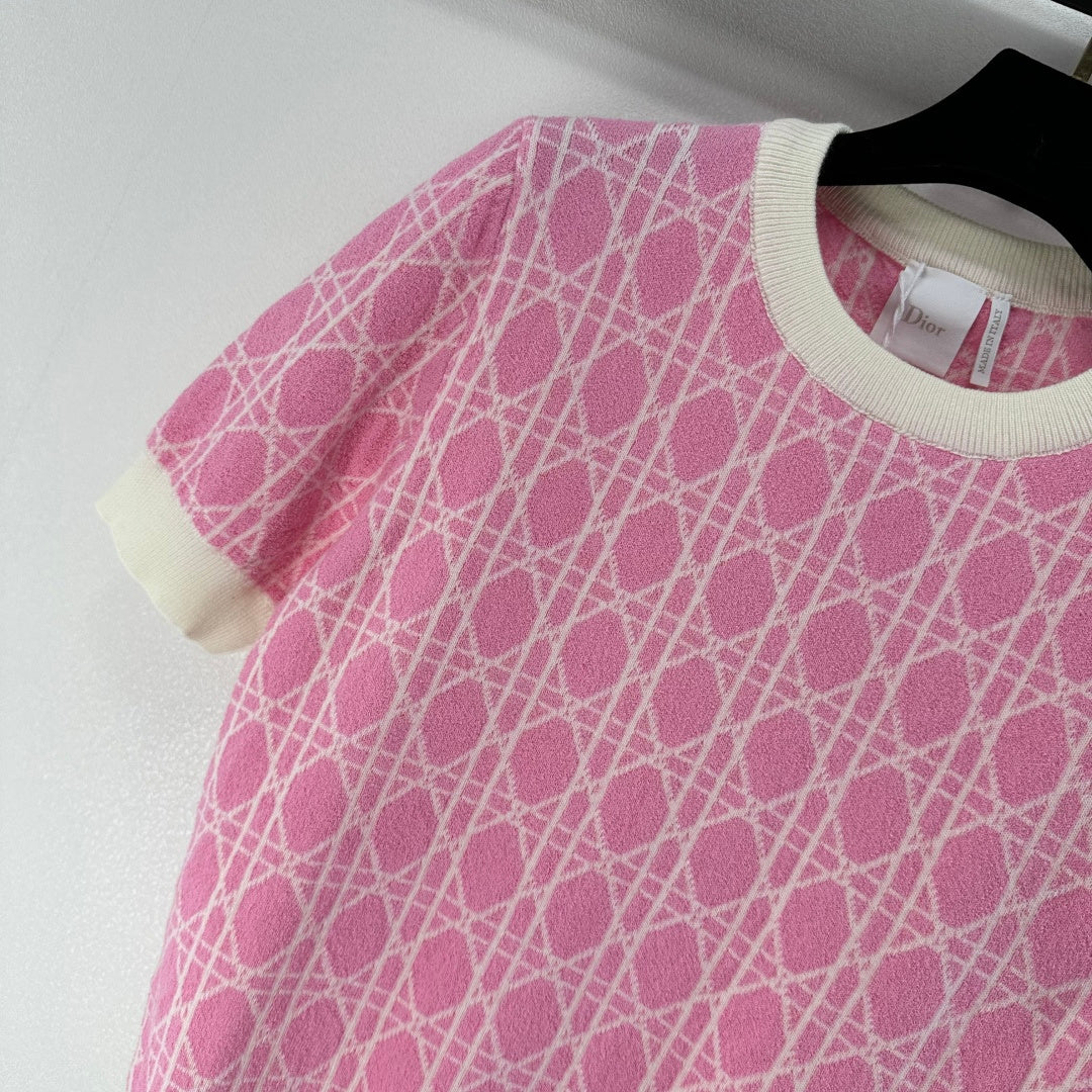 CD 26s Short-sleeved Crew Neck Pink Cream Cannage Cotton 348980