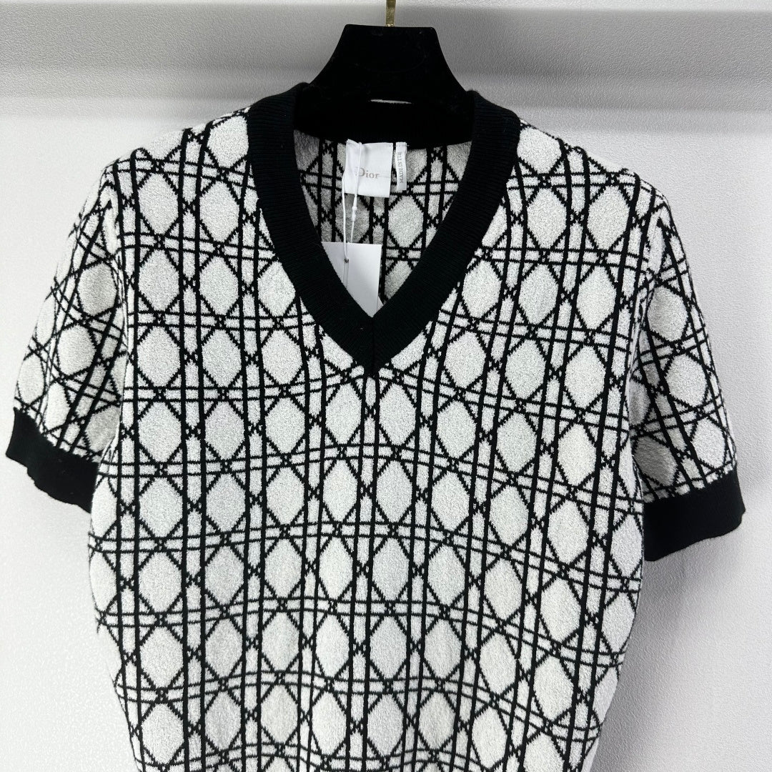 CD 26s Short-sleeved V-neckline Black White Cannage Cotton 348983