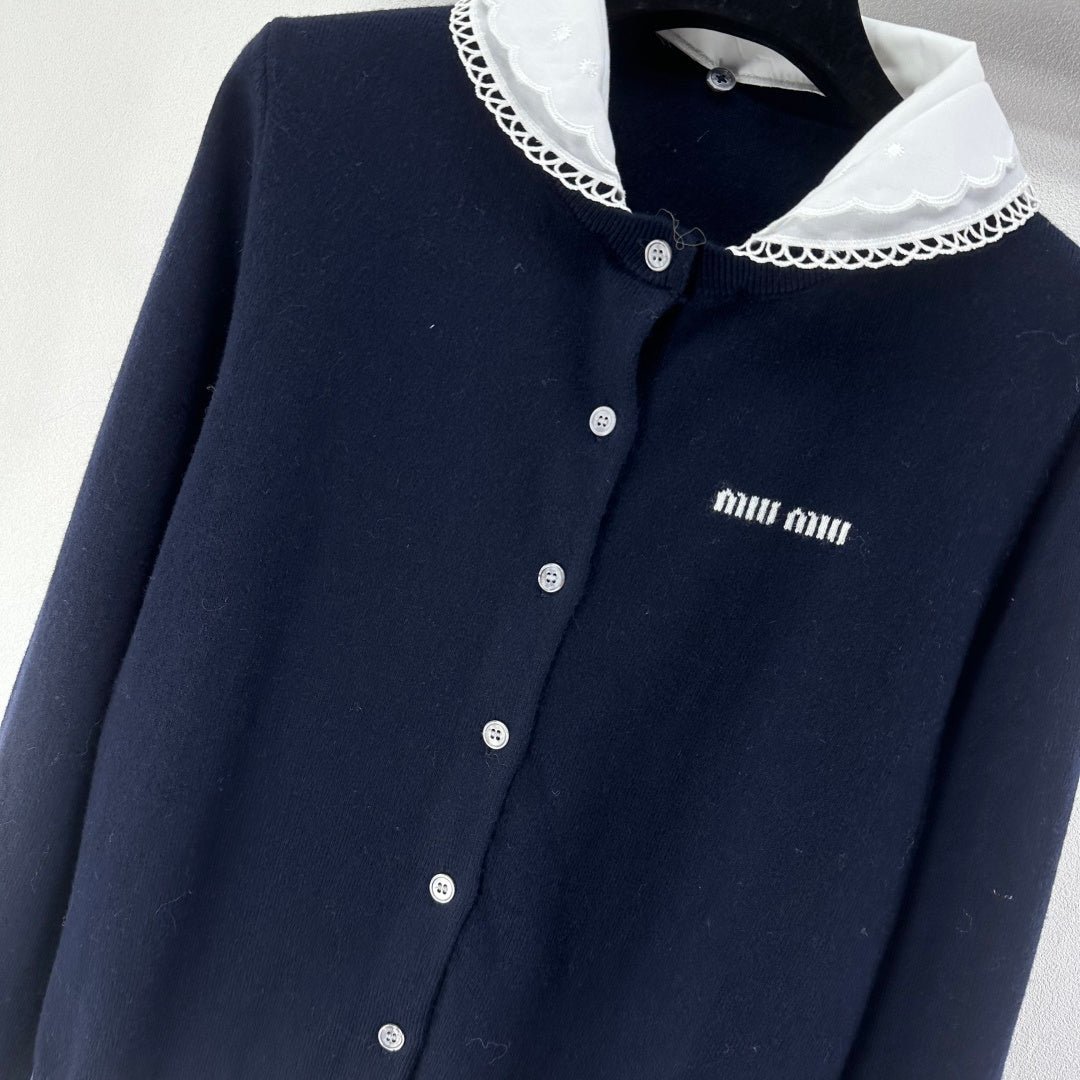 Miumiu 2026  Knit Long-Sleeve Cardigan Navy Blue Wool 349067