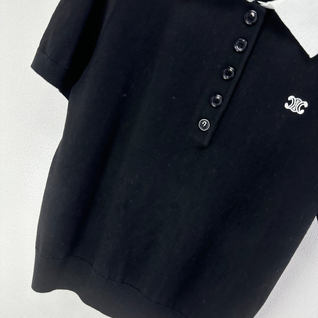 Celine Short-sleeved Polo Shirt Black Cashmere Wool 349073