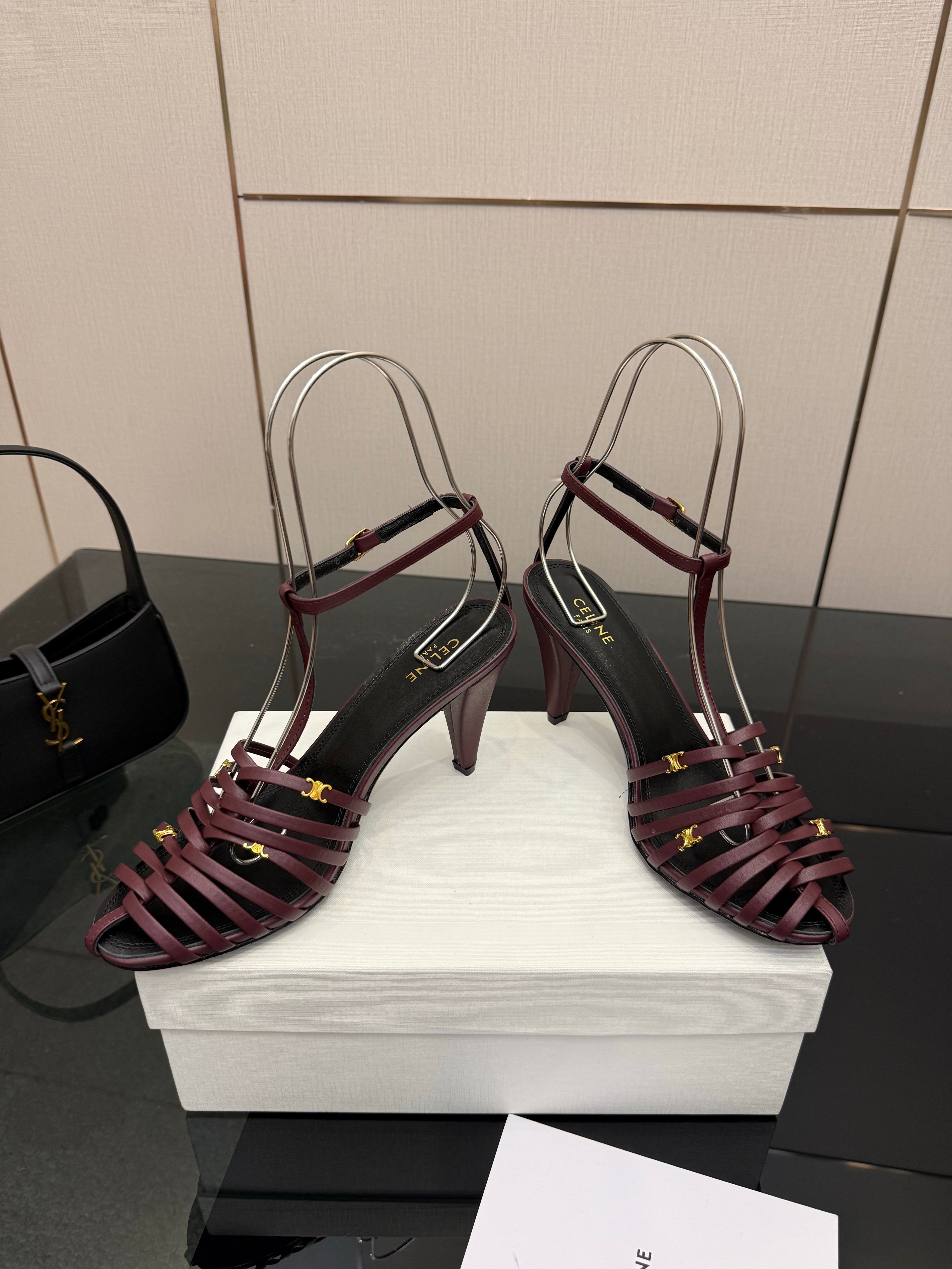 Celine Cage Heeled Sandal 9cm Burgundy Calfskin 725648