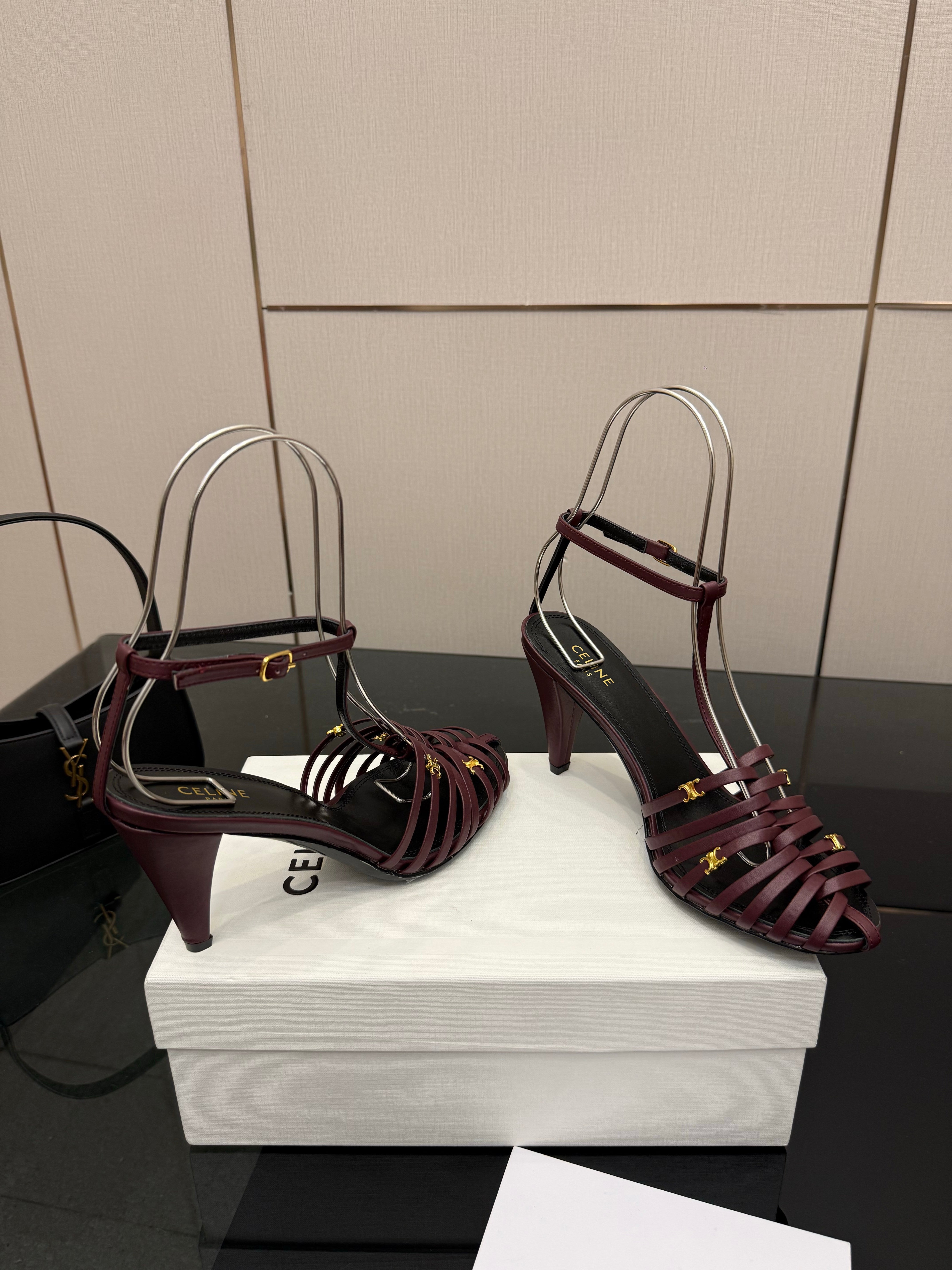 Celine Cage Heeled Sandal 9cm Burgundy Calfskin 725648