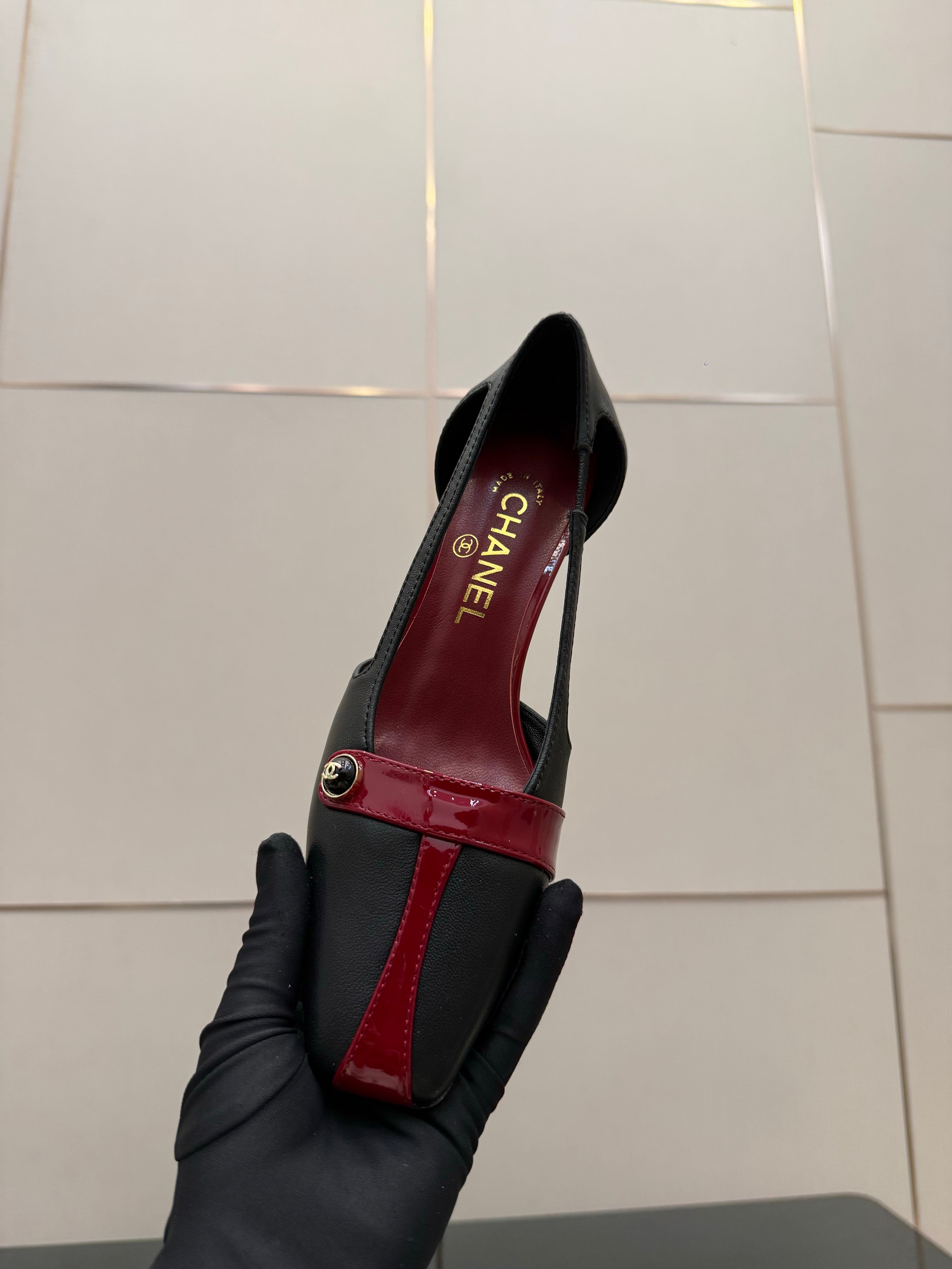 CC 26P Slingback 5cm Red Black Lambskin Patent Leather 791607