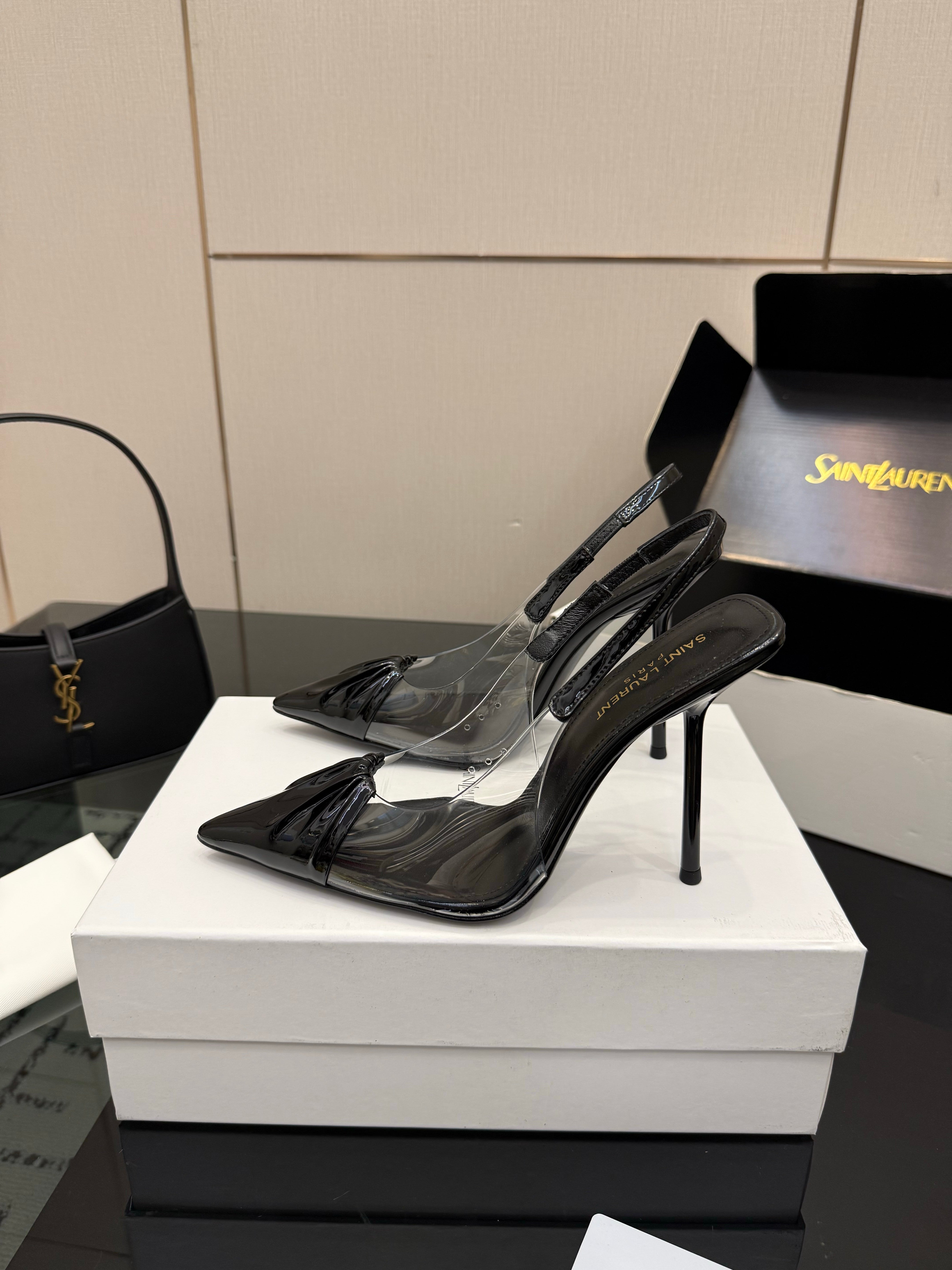 YSL Chica Slingback 10.5cm Black Leather 828238