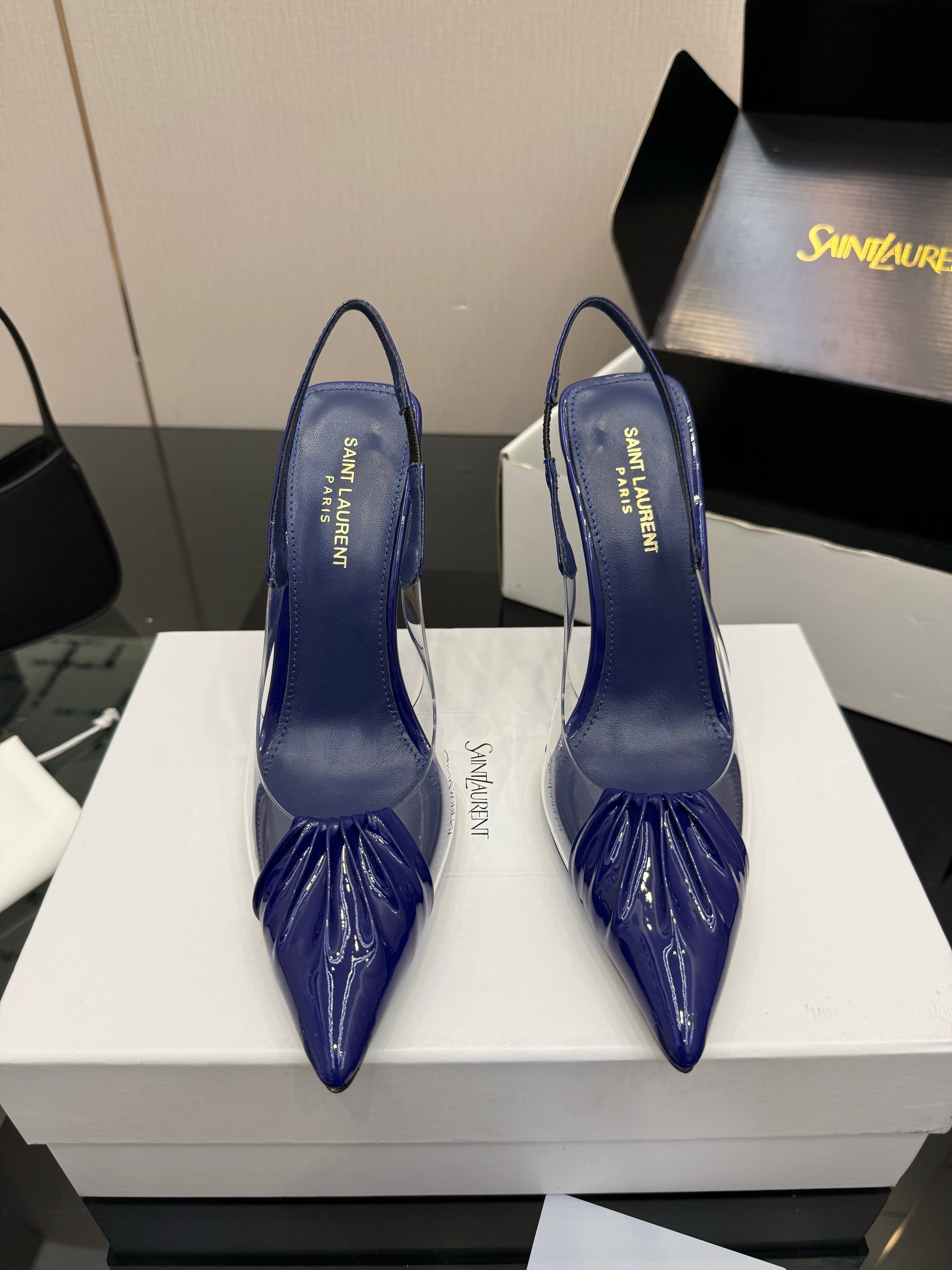 YSL Chica Slingback 10.5cm Blue Leather 828243