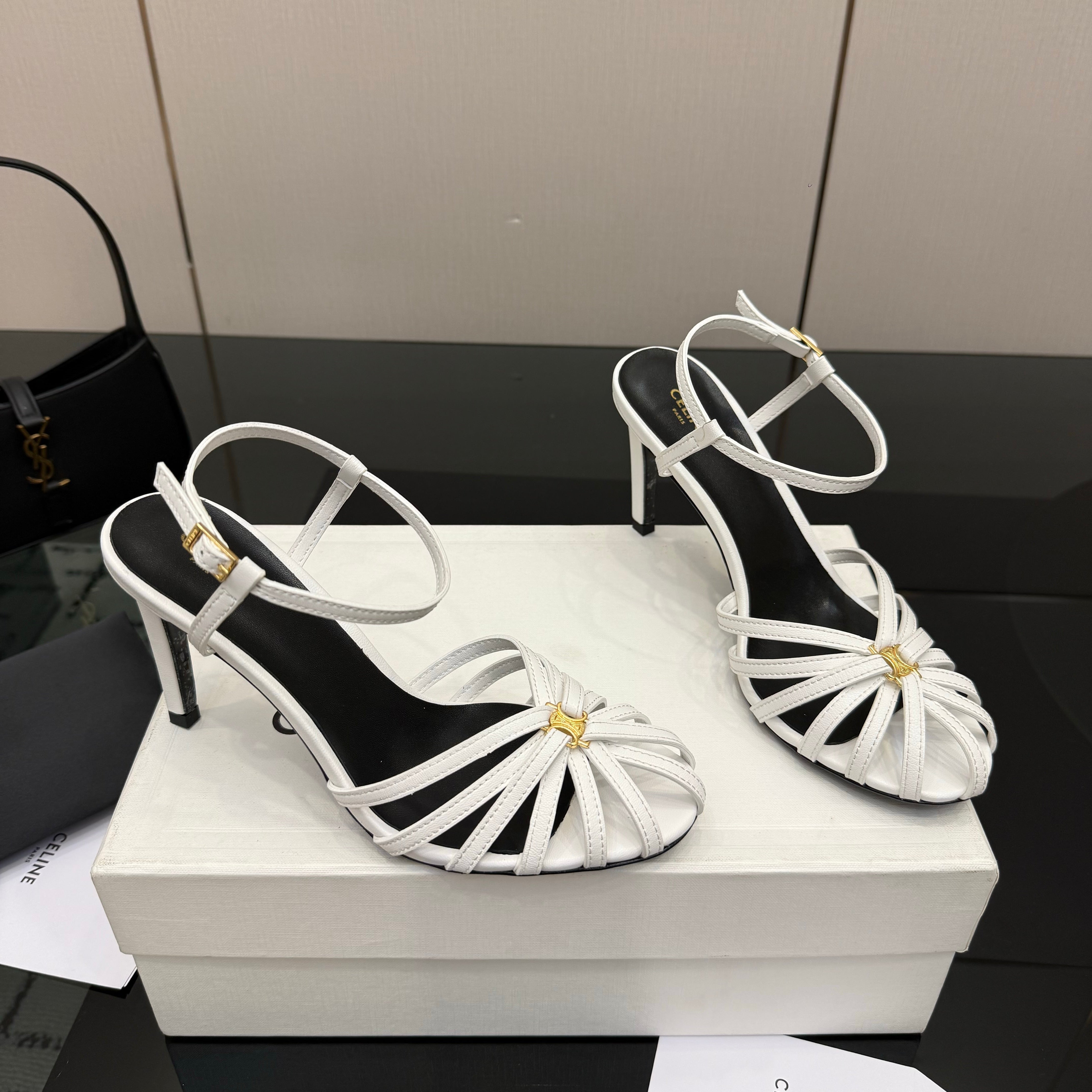 Celine 26s Sandal Triomphe 8.5cm White Lambskin 894266
