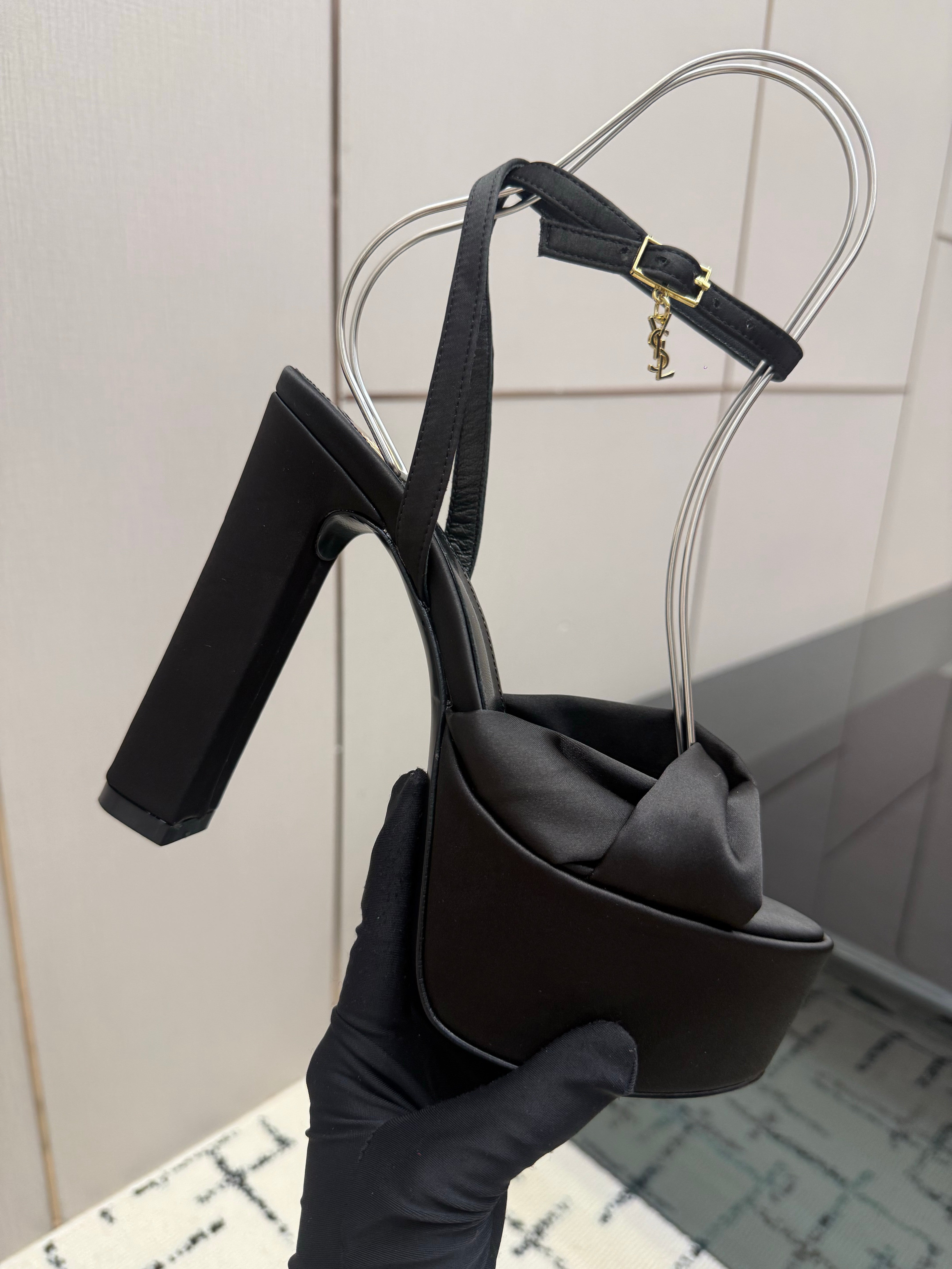 YSL Franciane Platform Sandals Black Satin 894445