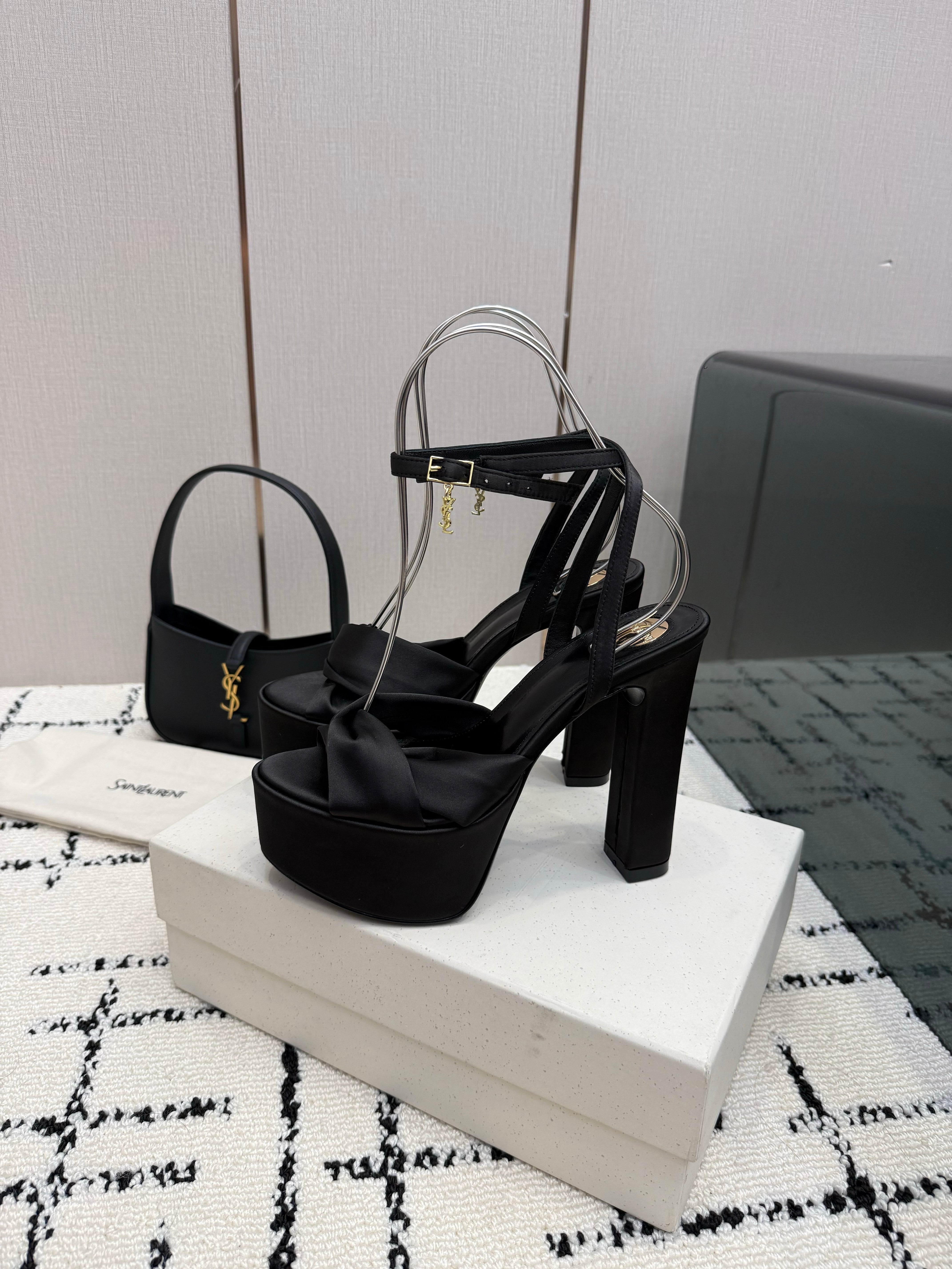 YSL Franciane Platform Sandals Black Satin 894445