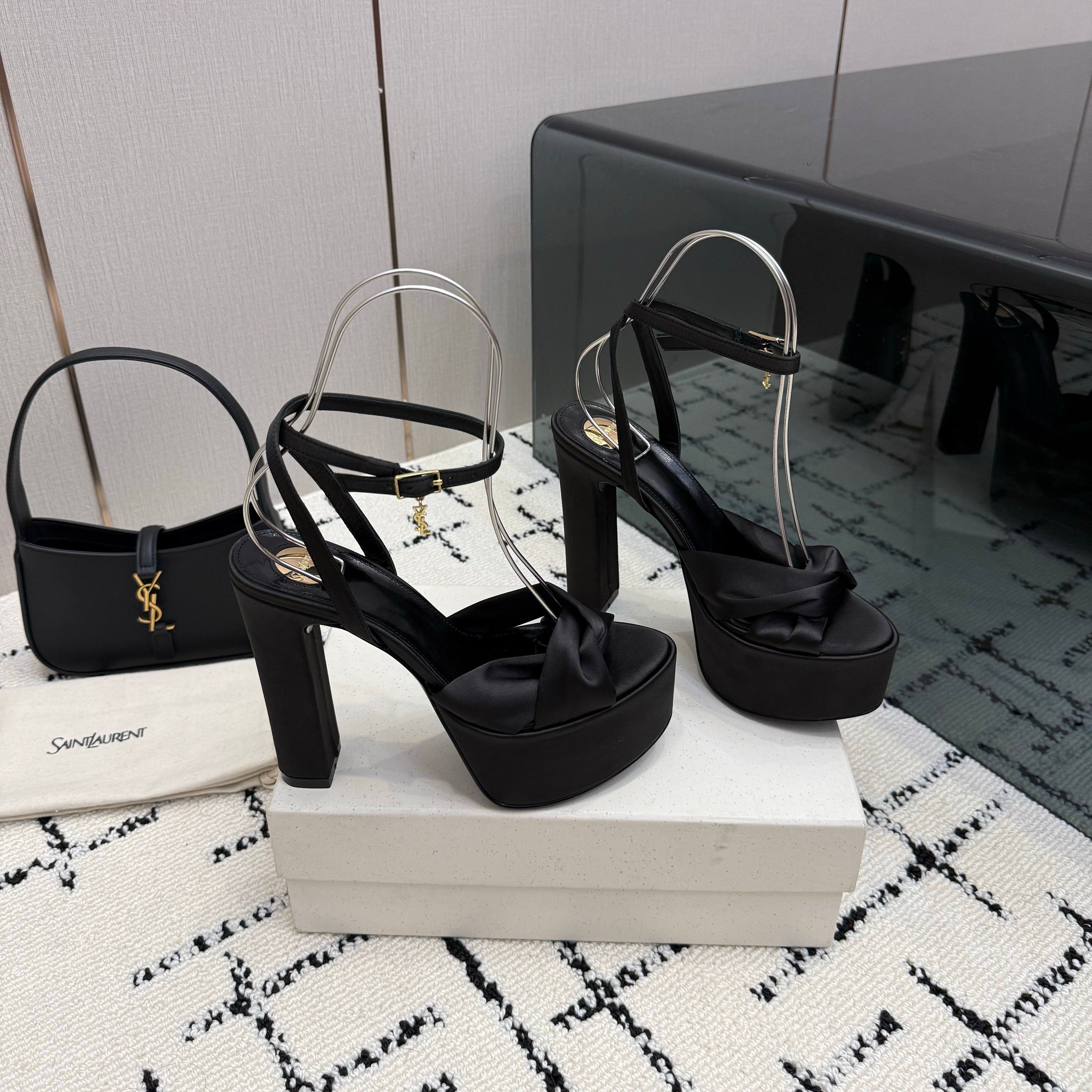 YSL Franciane Platform Sandals Black Satin 894445