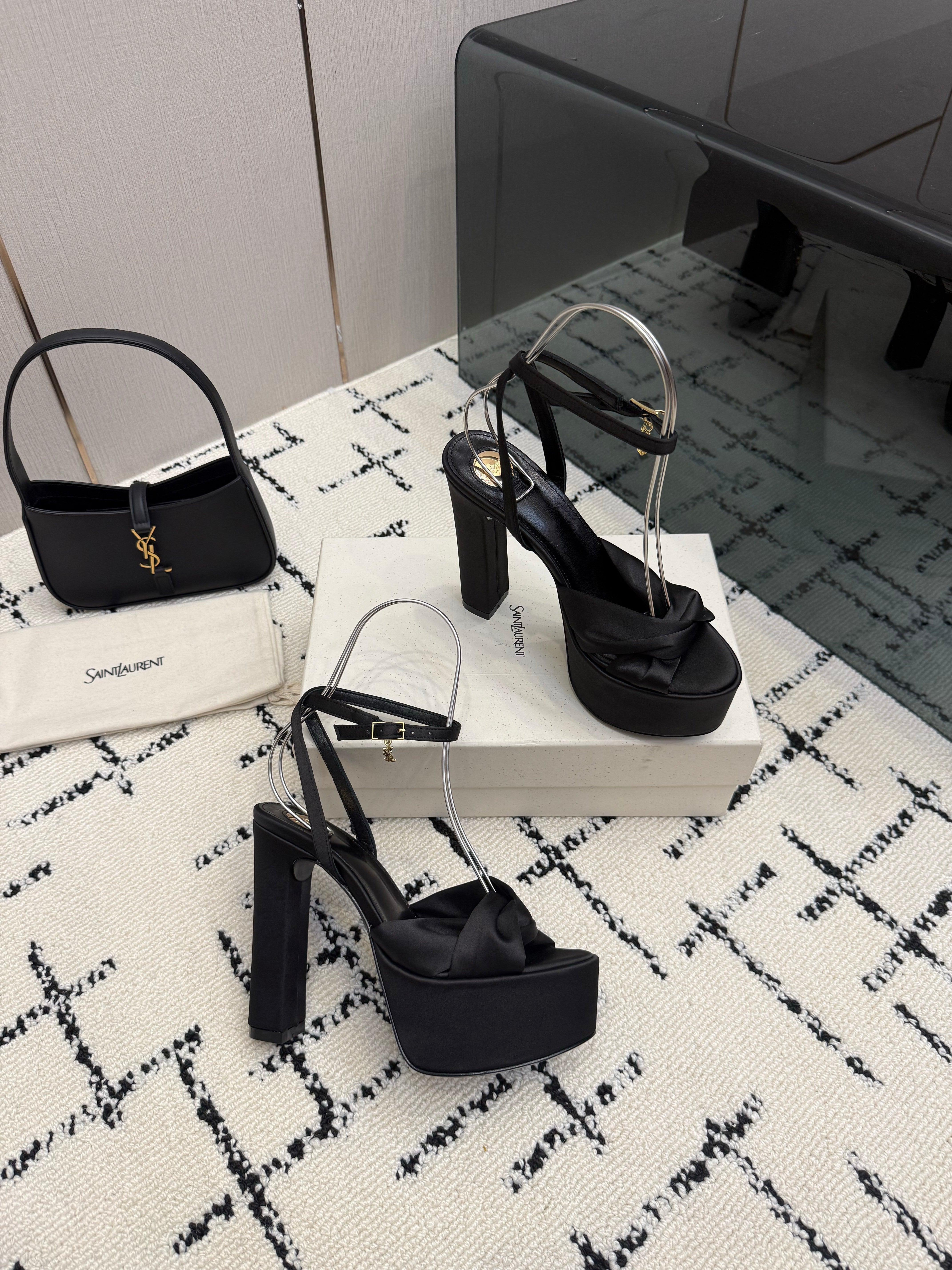 YSL Franciane Platform Sandals Black Satin 894445