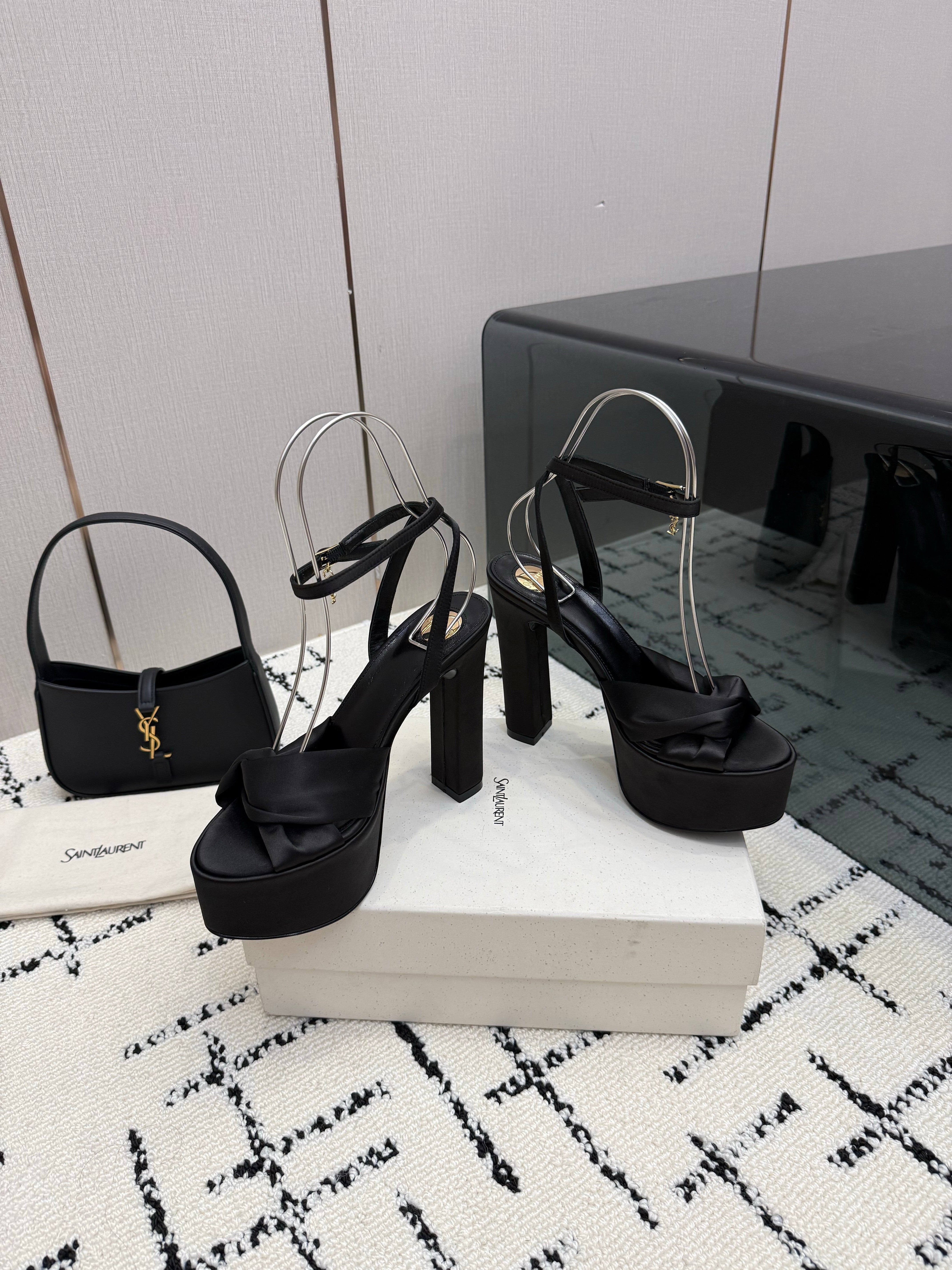 YSL Franciane Platform Sandals Black Satin 894445