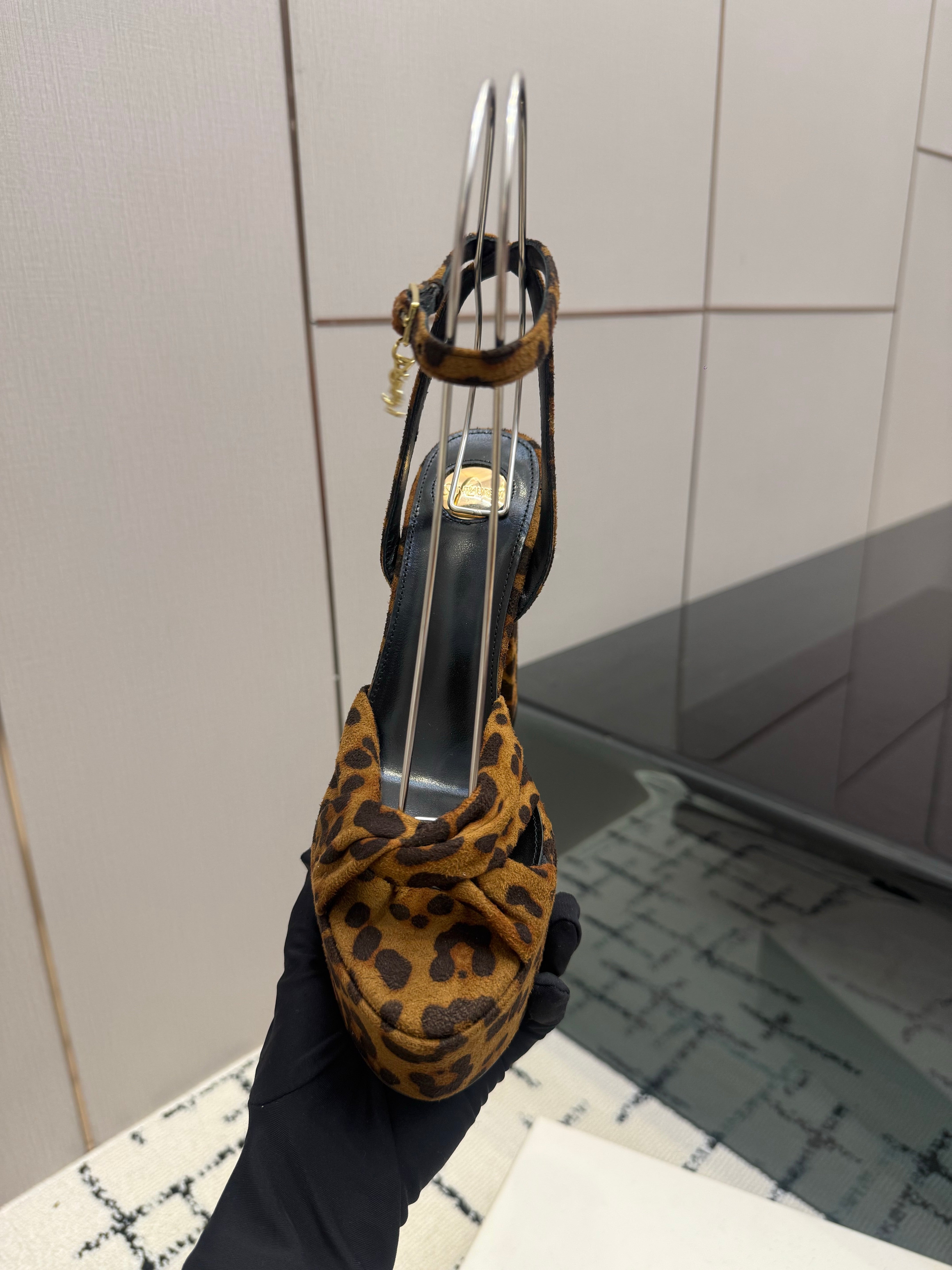 YSL Franciane Platform Sandals Leopard Suede