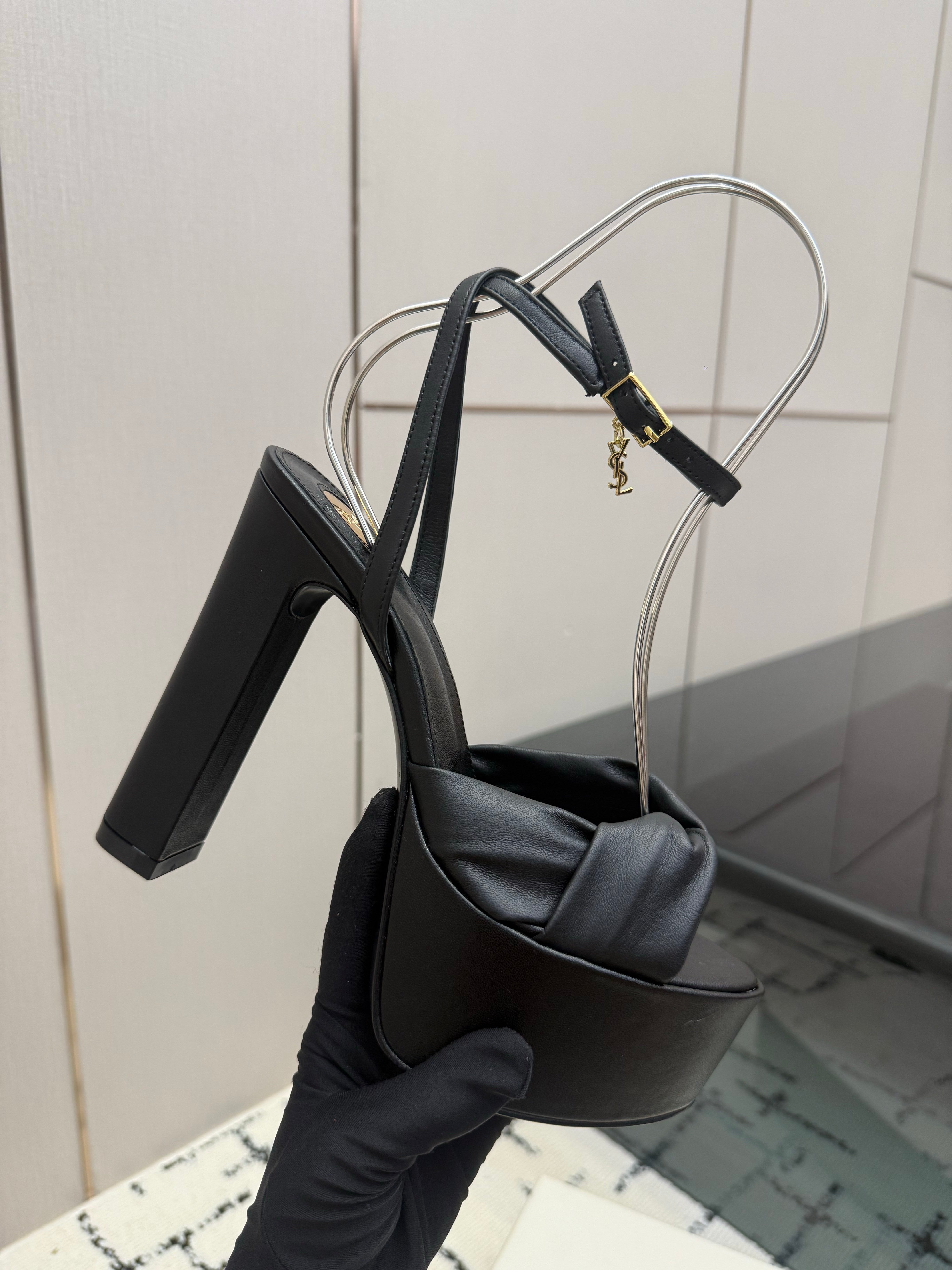 YSL Franciane Platform Sandals Black Leather 894448