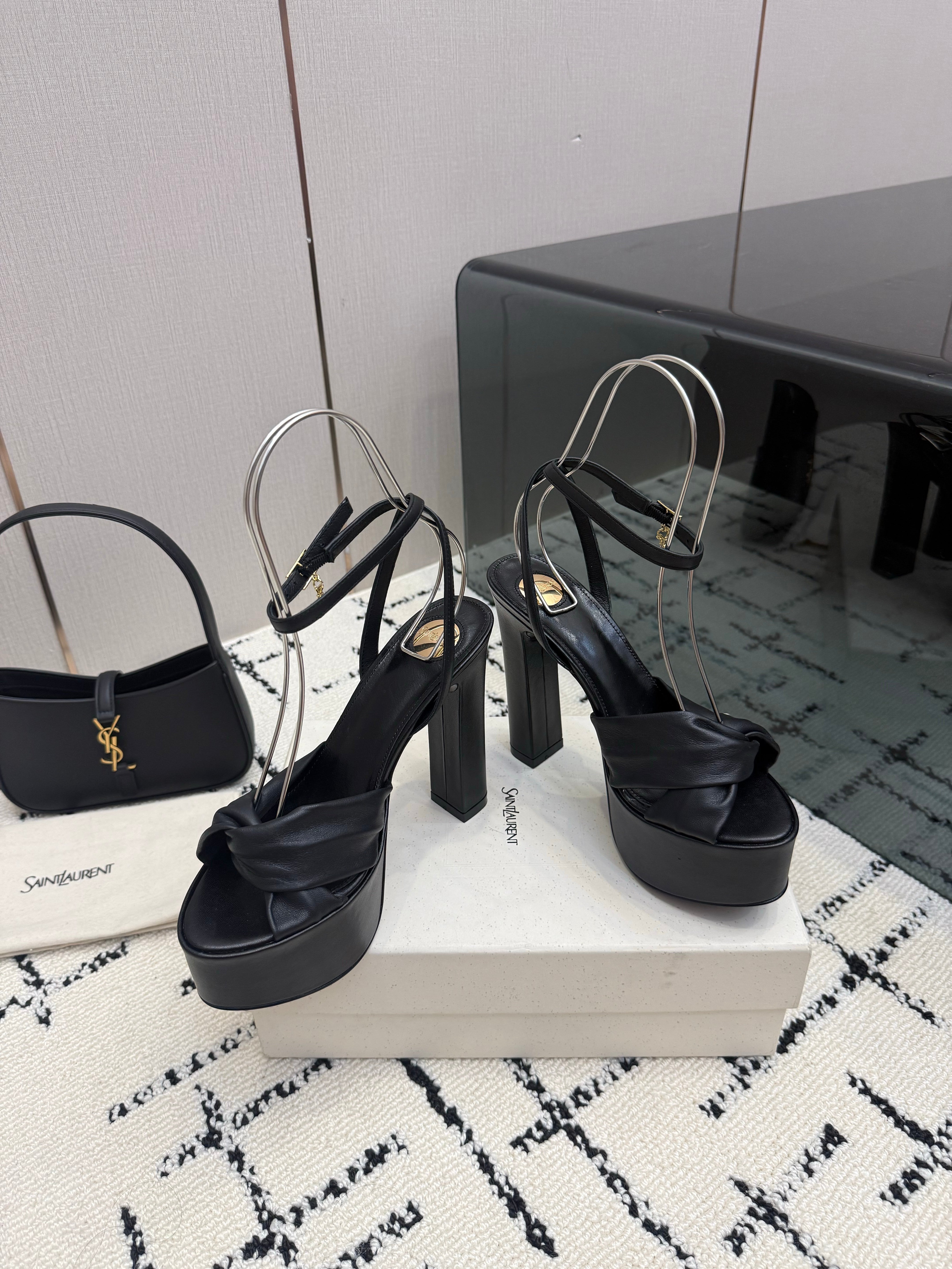 YSL Franciane Platform Sandals Black Leather 894448