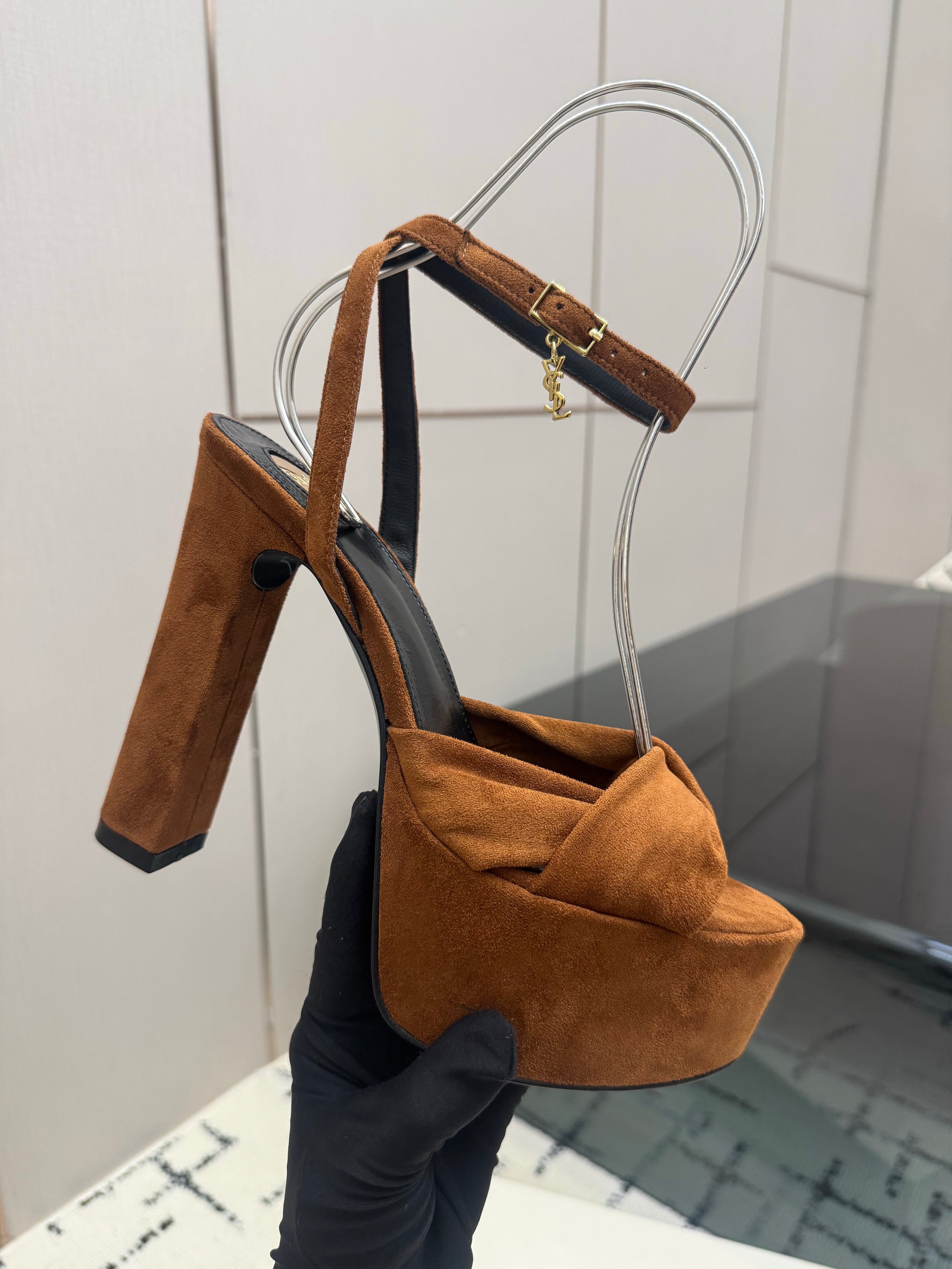 YSL Franciane Platform Sandals Coffee Suede Leather 894449