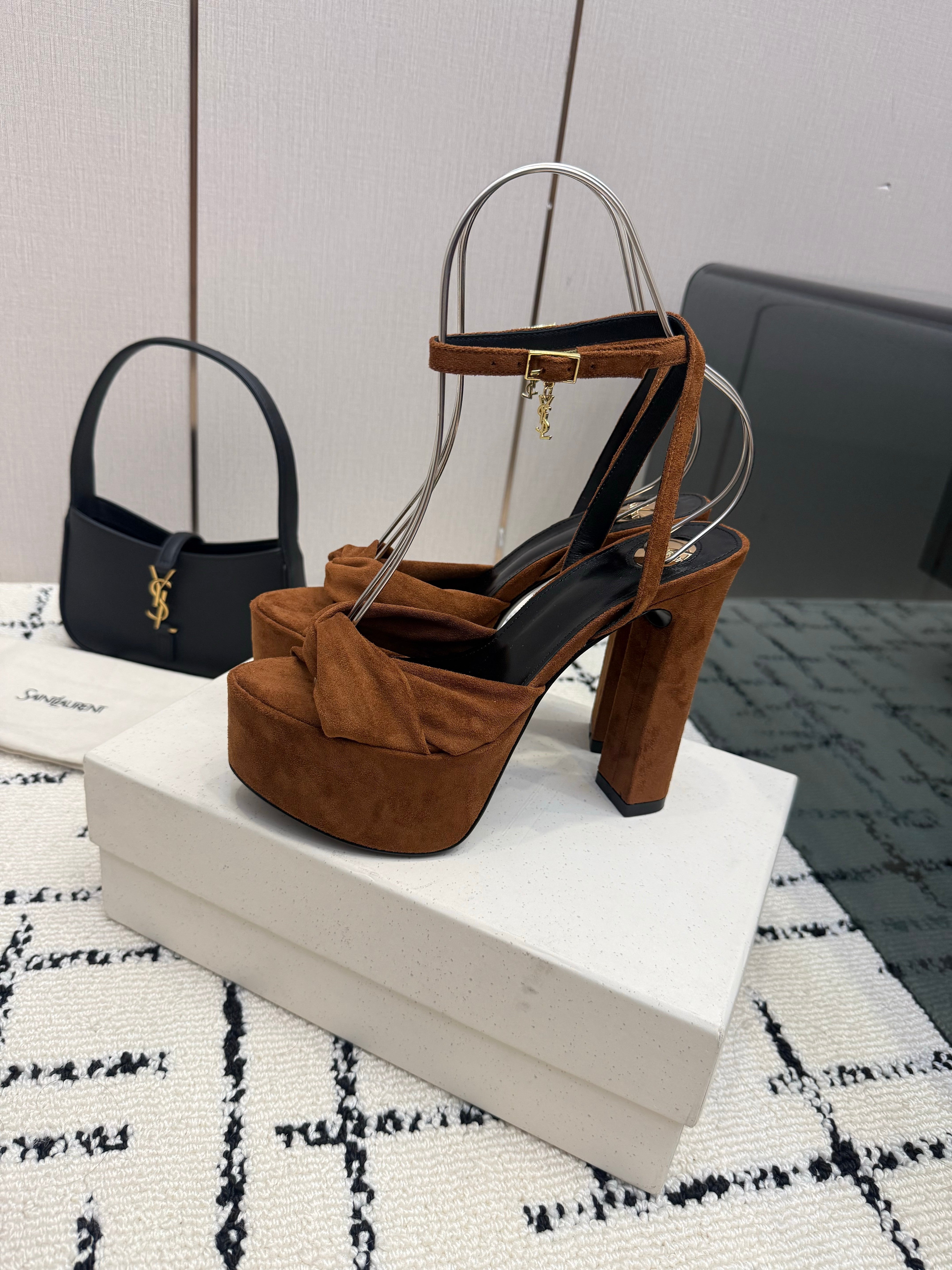 YSL Franciane Platform Sandals Coffee Suede Leather 894449