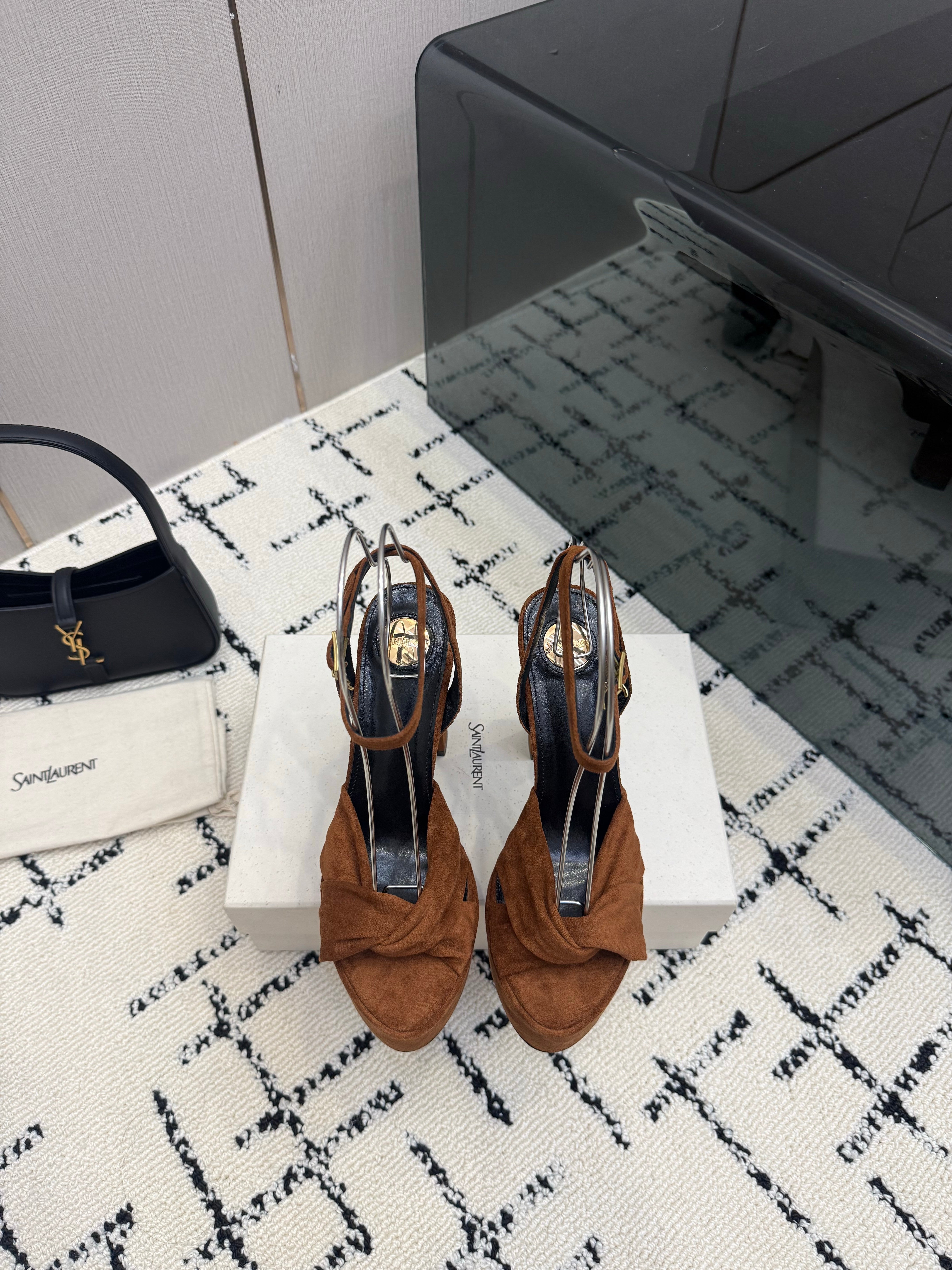 YSL Franciane Platform Sandals Coffee Suede Leather 894449