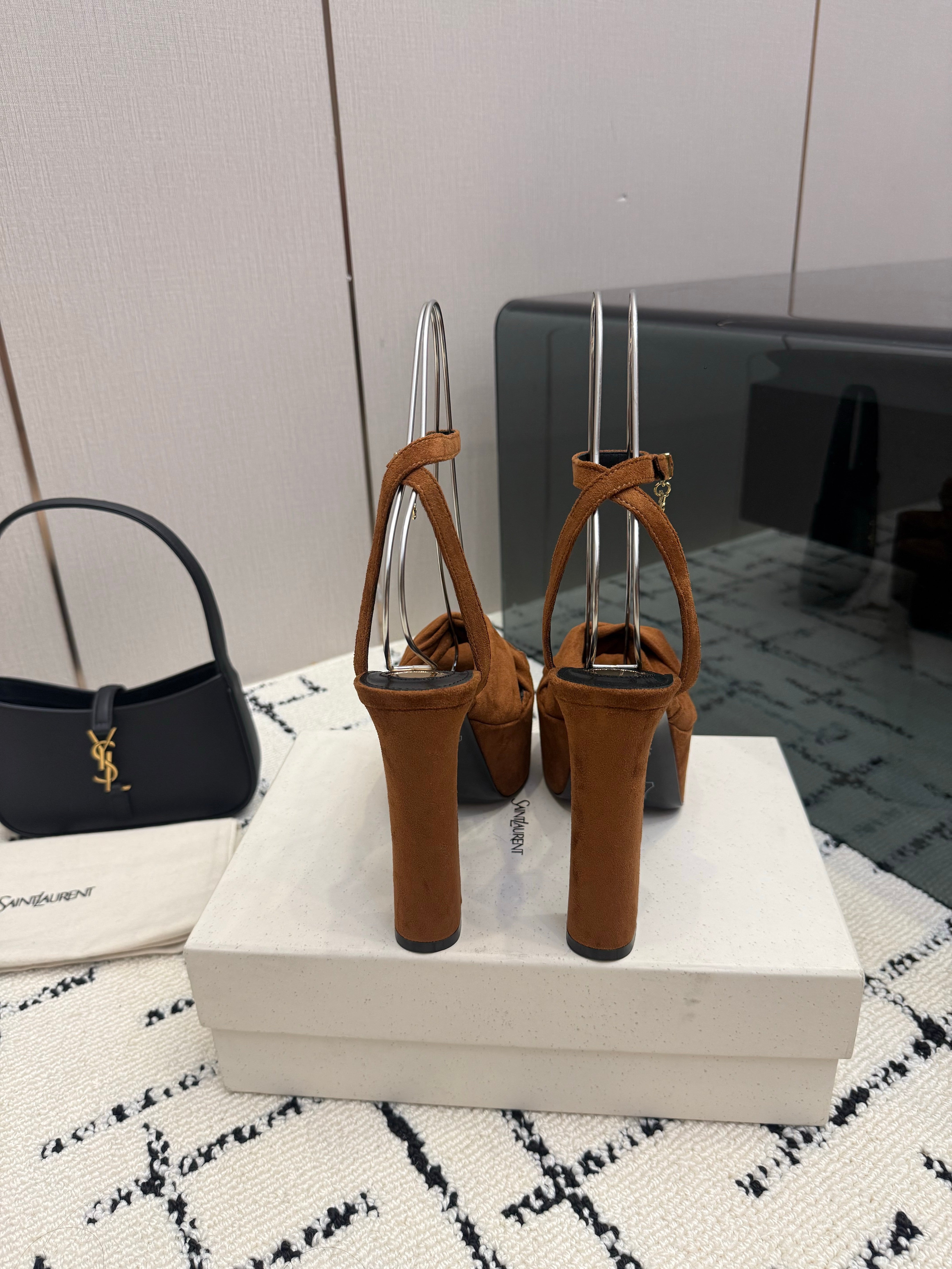 YSL Franciane Platform Sandals Coffee Suede Leather 894449