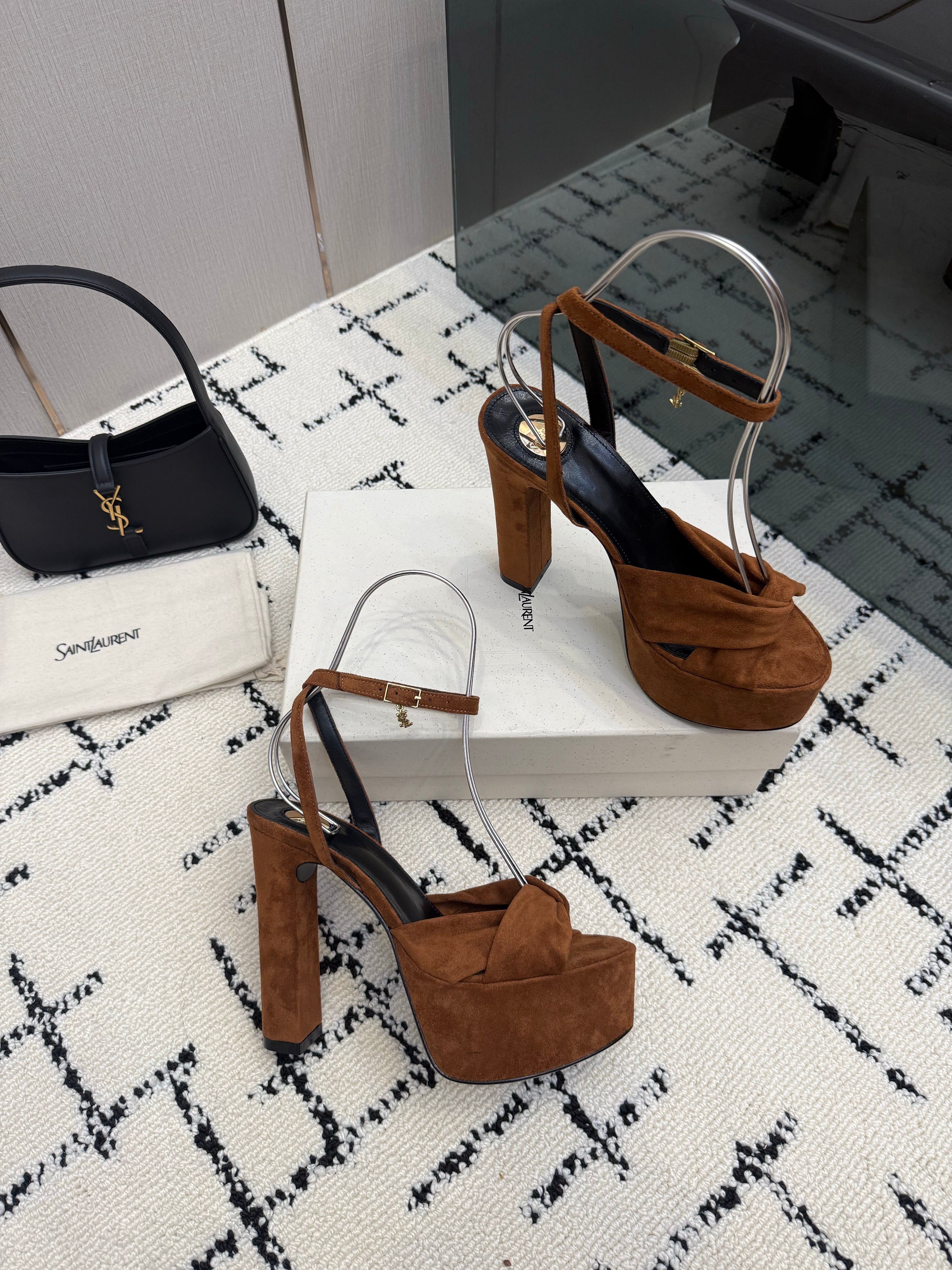 YSL Franciane Platform Sandals Coffee Suede Leather 894449
