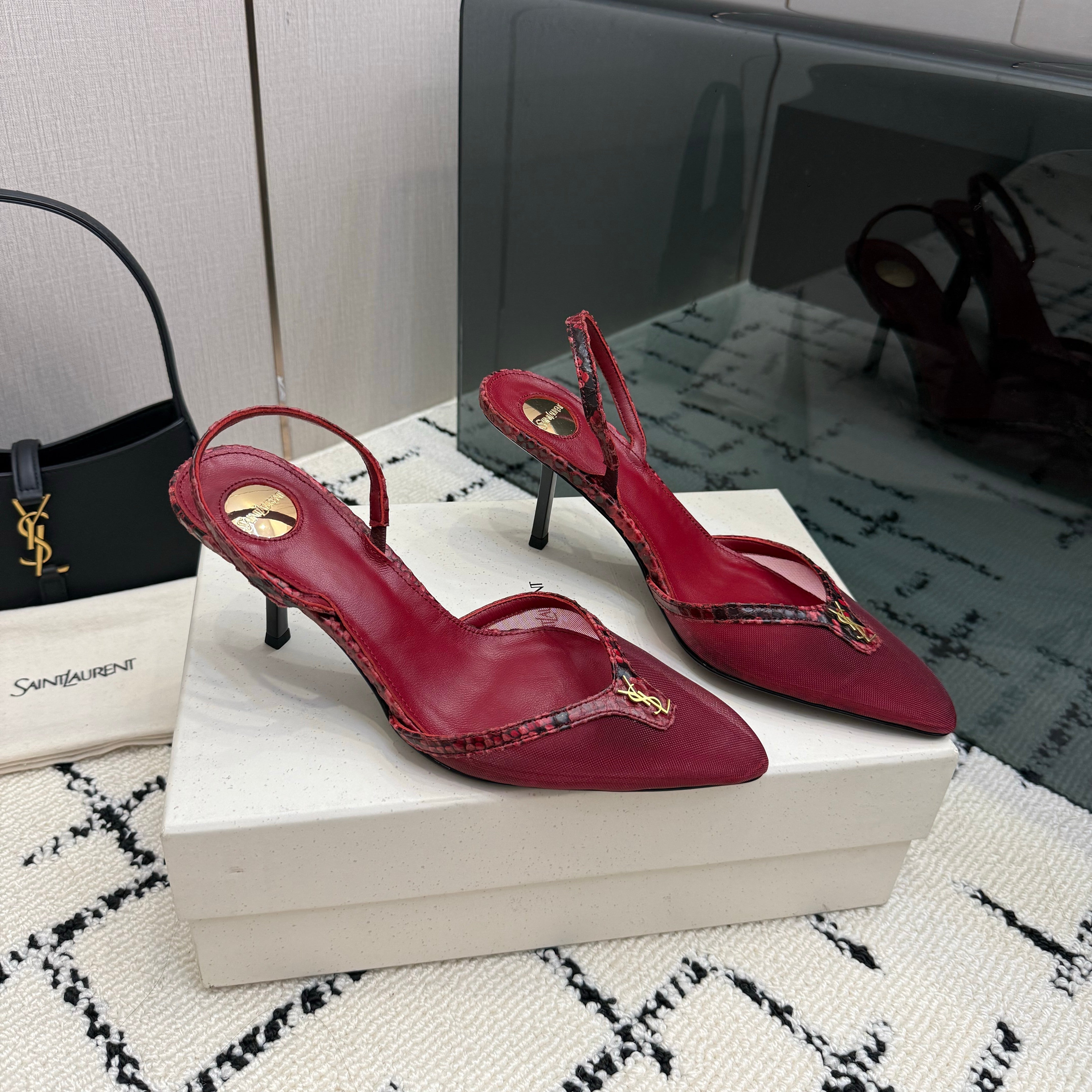YSL Sandal Burgundy Leather Mesh 894454