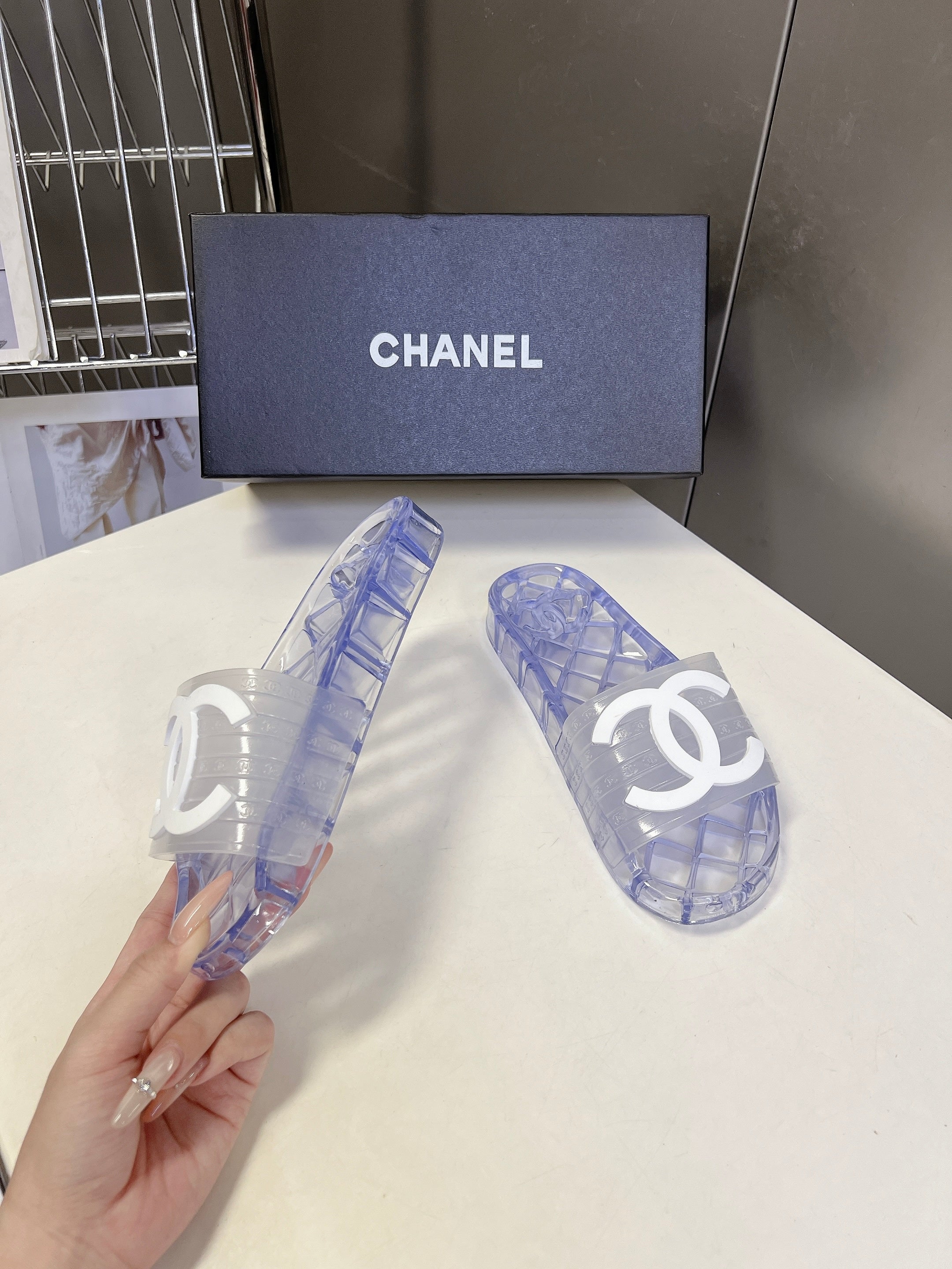CC 26s Flat Slide Sandals White PVC Transparent 947929