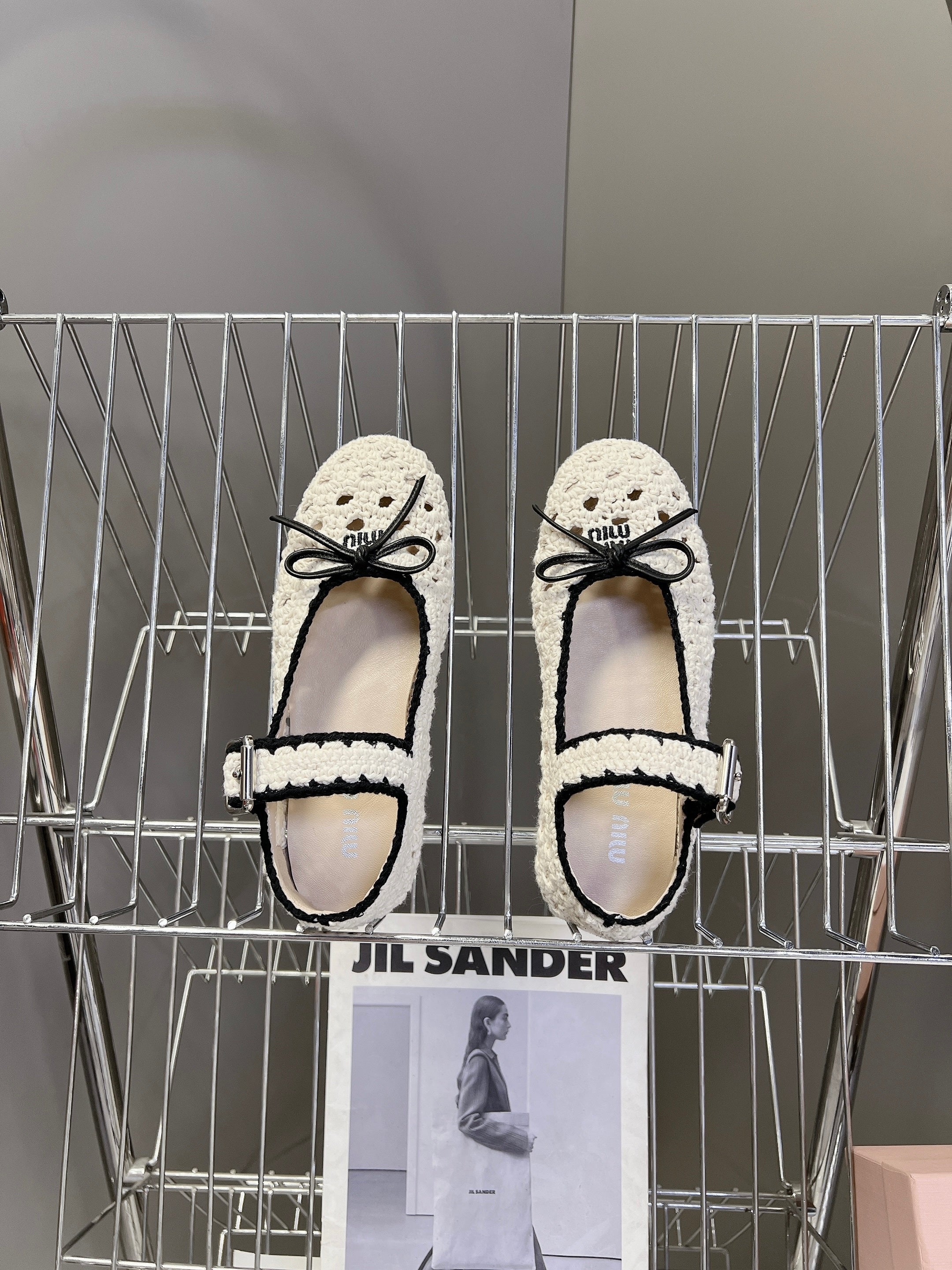 Miu 26s Crochet Ballerinas White Black Cotton 948072