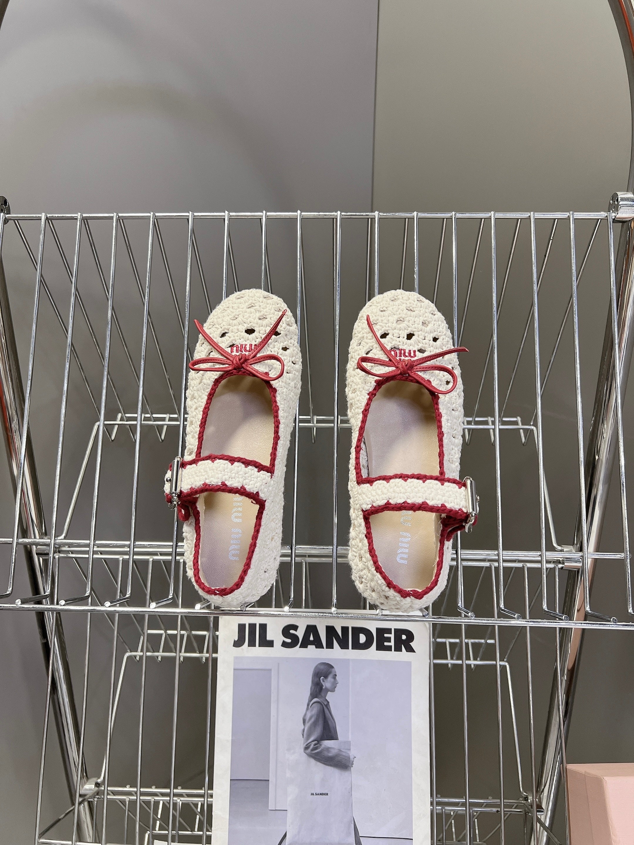 Miu 26s Crochet Ballerinas White Red Cotton 948073