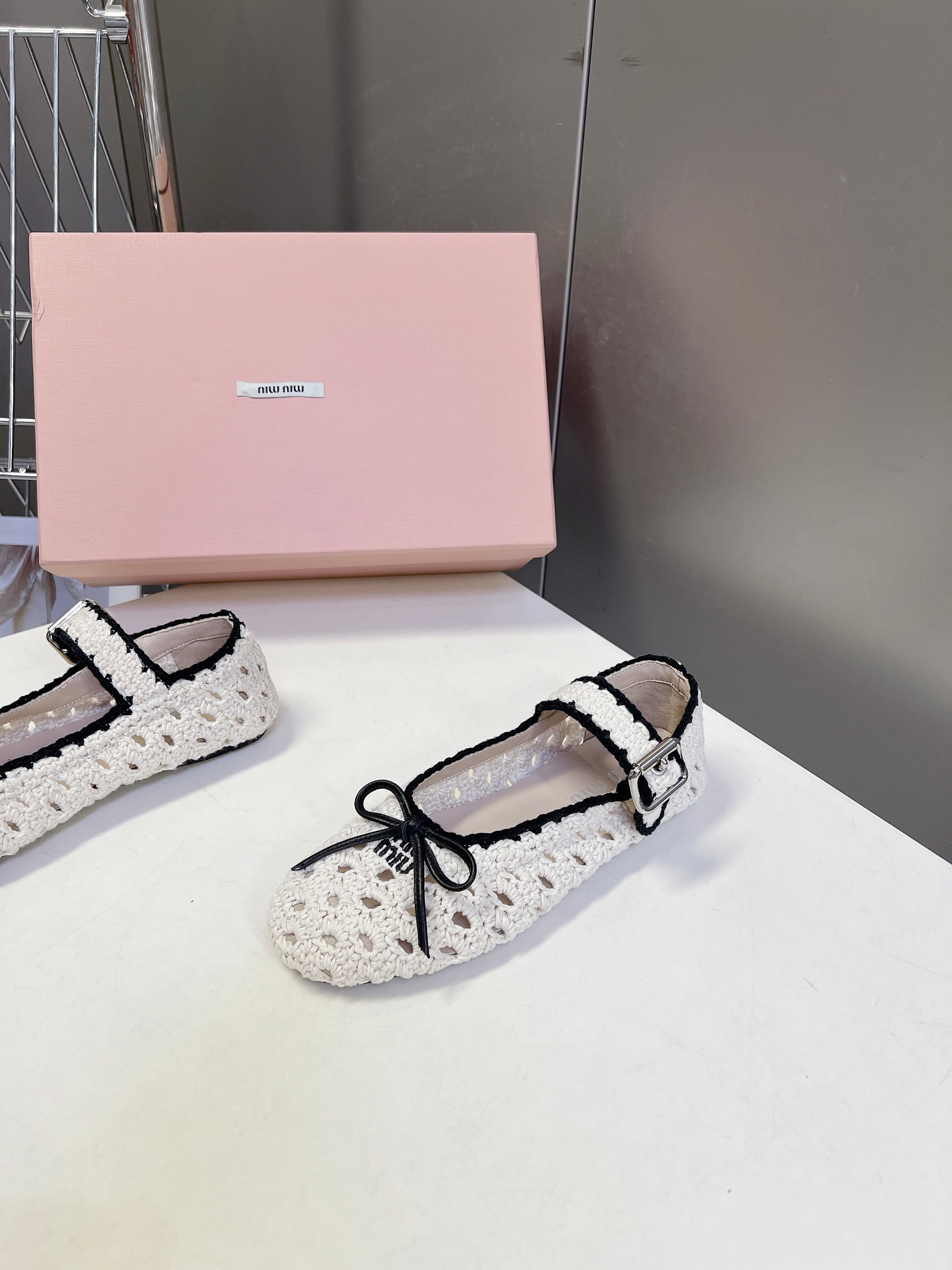 Miu 26s Crochet Ballerinas White Black Cotton 948072